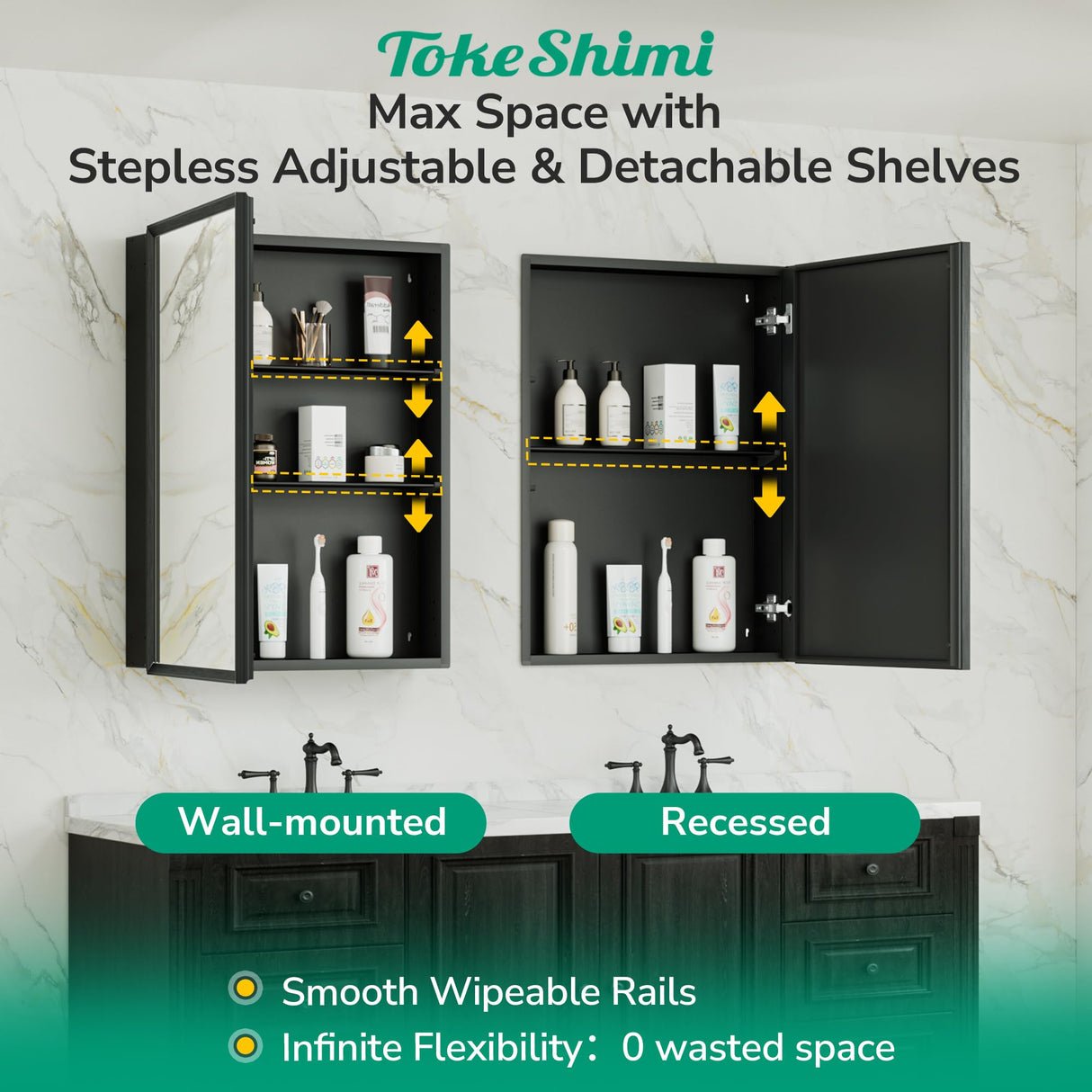 TokeShimi 14 x 18 Recessed Medicine Cabinet, Assembly Required, Black Bathroom Medicine Cabinet with Mirror, Stepless Adjustable Shelves, Tempered Glass, Beveled Aluminum Frame TokeShimi