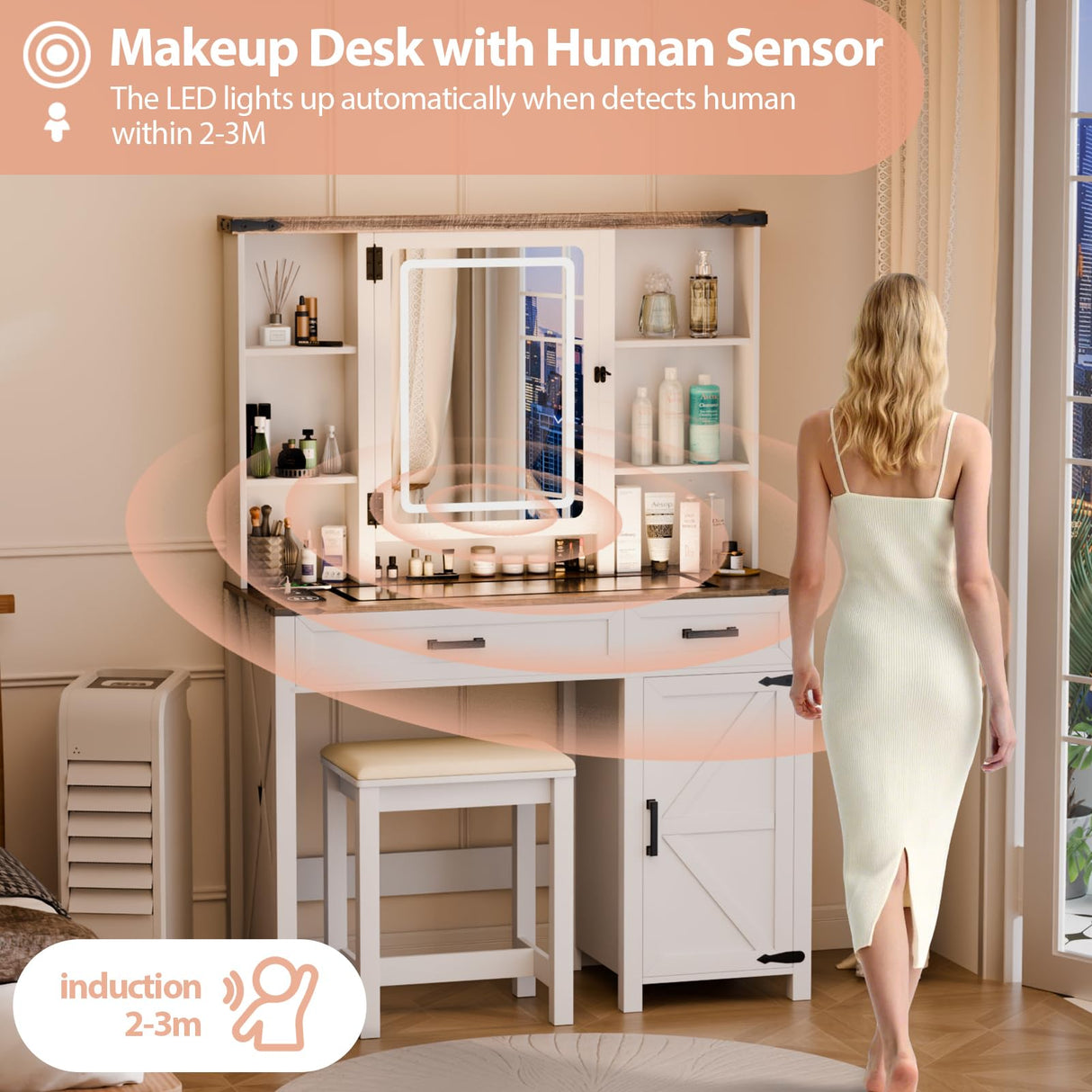 Trygoal Farmhouse Makeup Vanity, Vanity Desk with 3 in 1 Charging Station and Human Body Sensing LED Lights, Vanity Table with Glass Tabletop & Hidden Jewelry Cabinet, Stool Included, Vintage White Trygoal