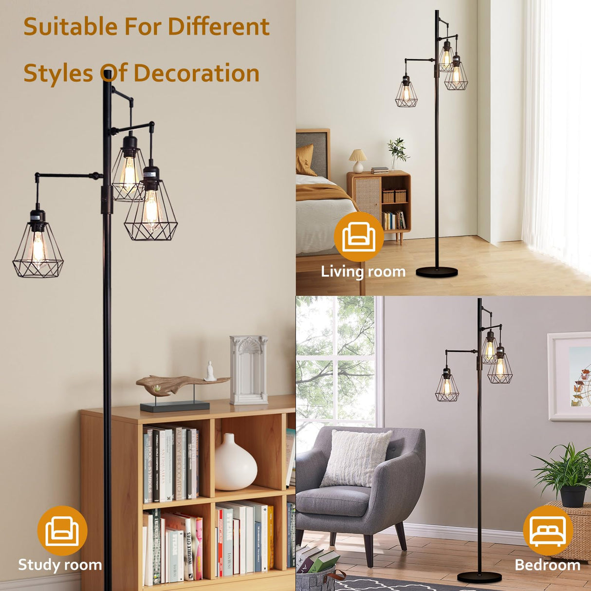 JuGuo 69'' Dimmable Farmhouse Floor Lamp with 3X9W Edison Bulbs, Industrial Vintage Tree Design & Adjustable Diamond Cages, Black Rustic Lighting for Living Room/Office JuGuo