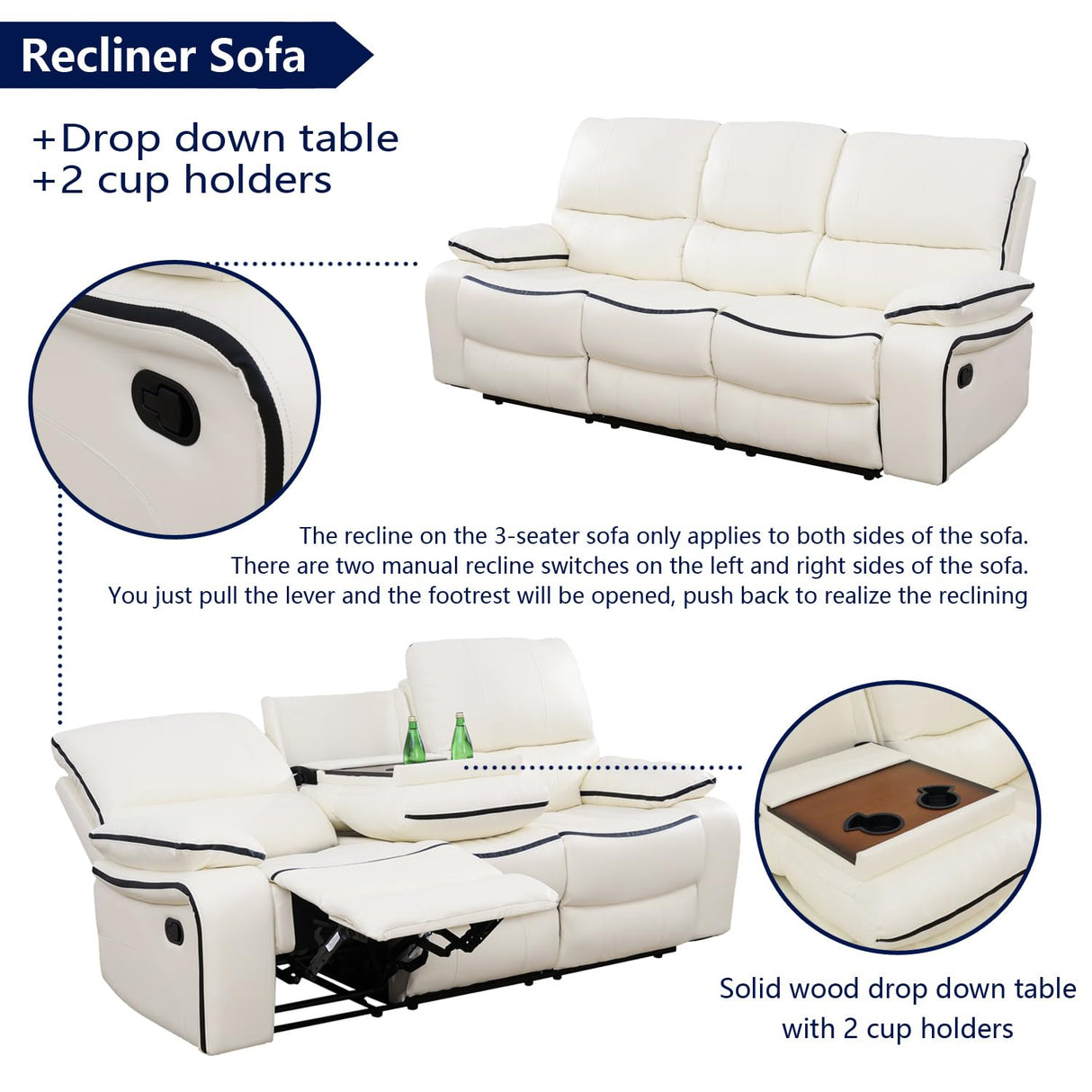 SIENWIEY Manual Recliner Sofa for Living Room,Faux Leather Double Reclining Couch for 3 Seats, Creamy White Leather Couch with Pull Down Coffee Table/Cup Holders(Sofa) SIENWIEY