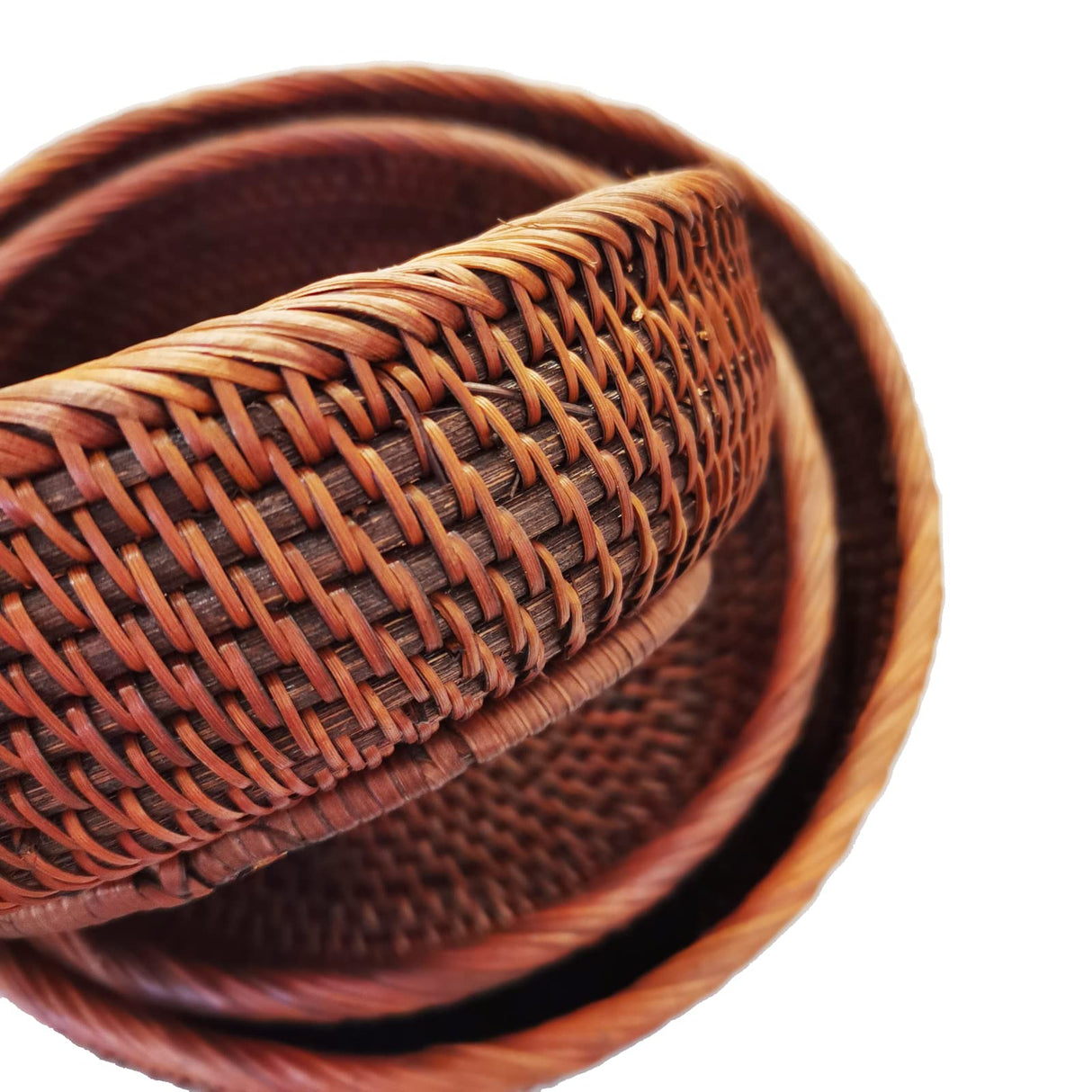 AMOLOLO 10 Inch Round Rattan Bowl Basket, Handmade Wicker Basket Tray with Scalloped Edge and 4”Deep Wall, Decorative Woven Dark Brown Bread Basket Fruit Bowl Key Holder Table Centerpiece, L amololo