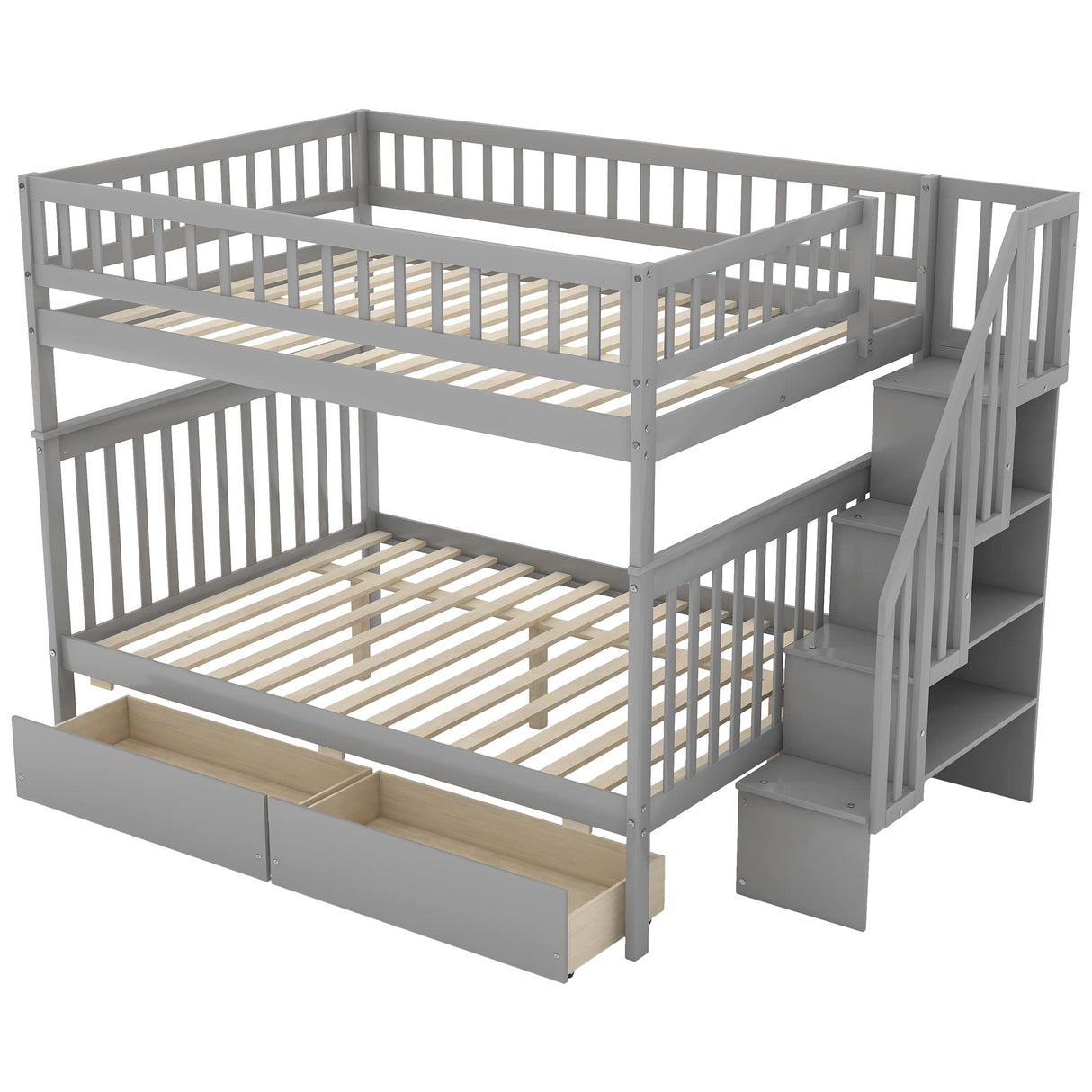 Full Over Full Bunk Beds with Drawers and Stairs Stairway Bunk Bed Frame with Storage Shelves for Kids Teens Adult, Wood Full Bunk Bed for Boys Girls Adults, Gray Bellemave