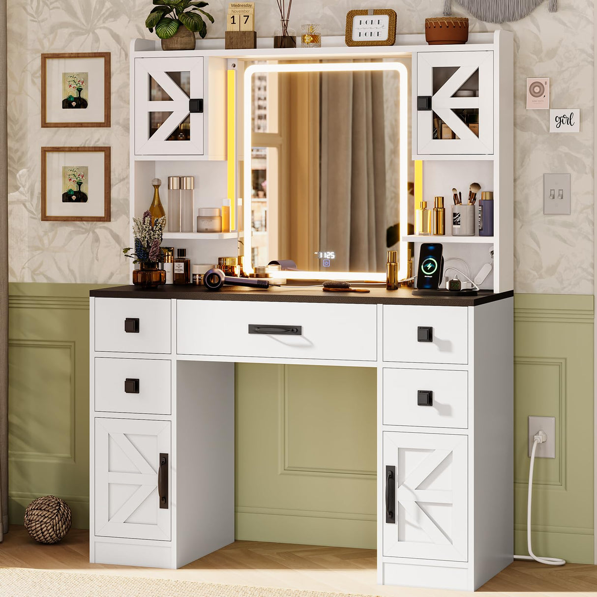 Tiptiper Farmhouse Vanity with Touch Screen Mirror & Time Display, Large Makeup Vanity with Charging Station, Vanity Desk with Mirror and RGB Lights, Makeup Desk with 5 Drawers, White & Black Tiptiper