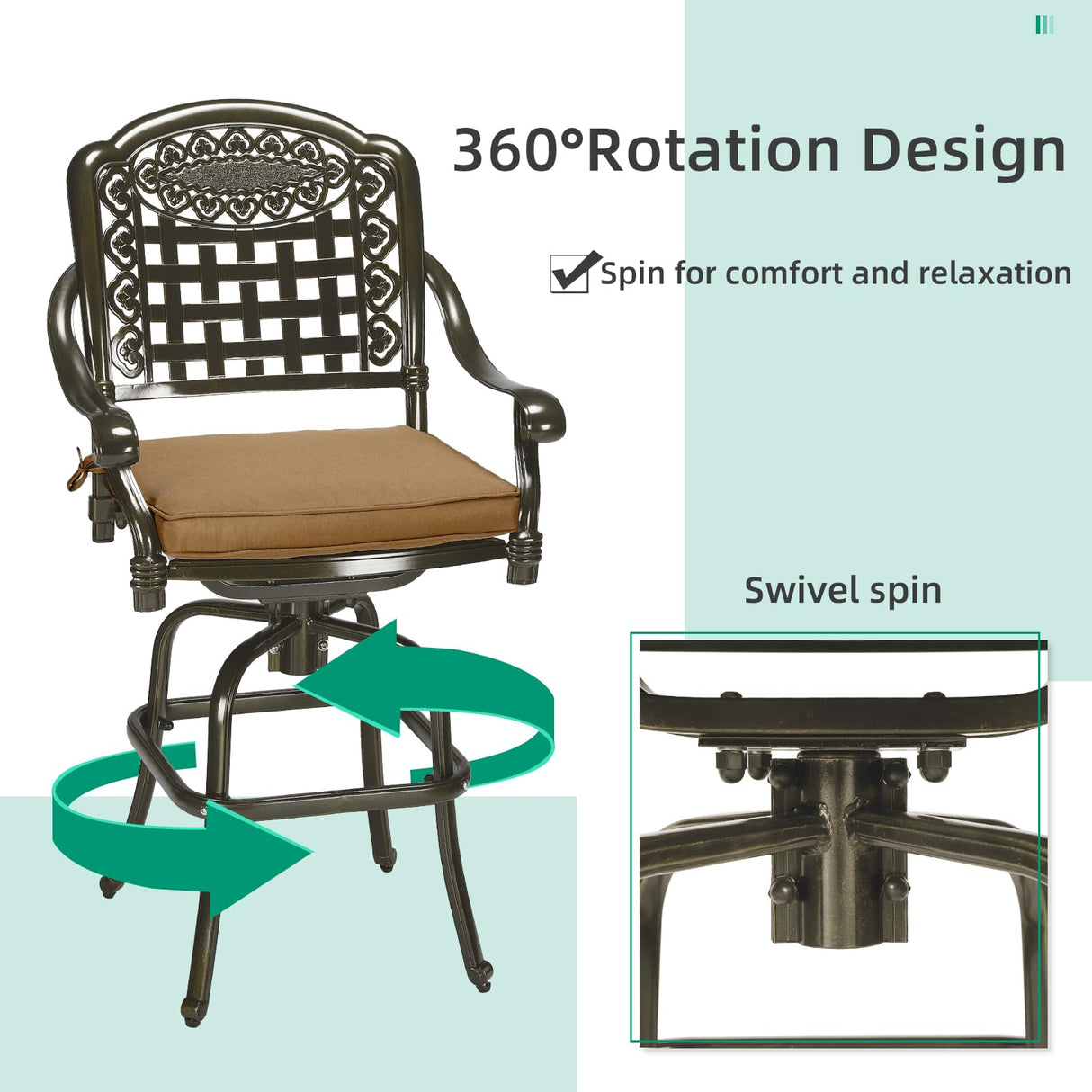 VIVIJASON 9-Piece High Patio Dining Set, Free-Rust Cast Aluminum Patio Bar Table and Chairs Set with 8 Swivel Bar Stools & 64" Bar Height Dining Table, Umbrella Hole for Backyard, Lawn, Garden VIVIJASON