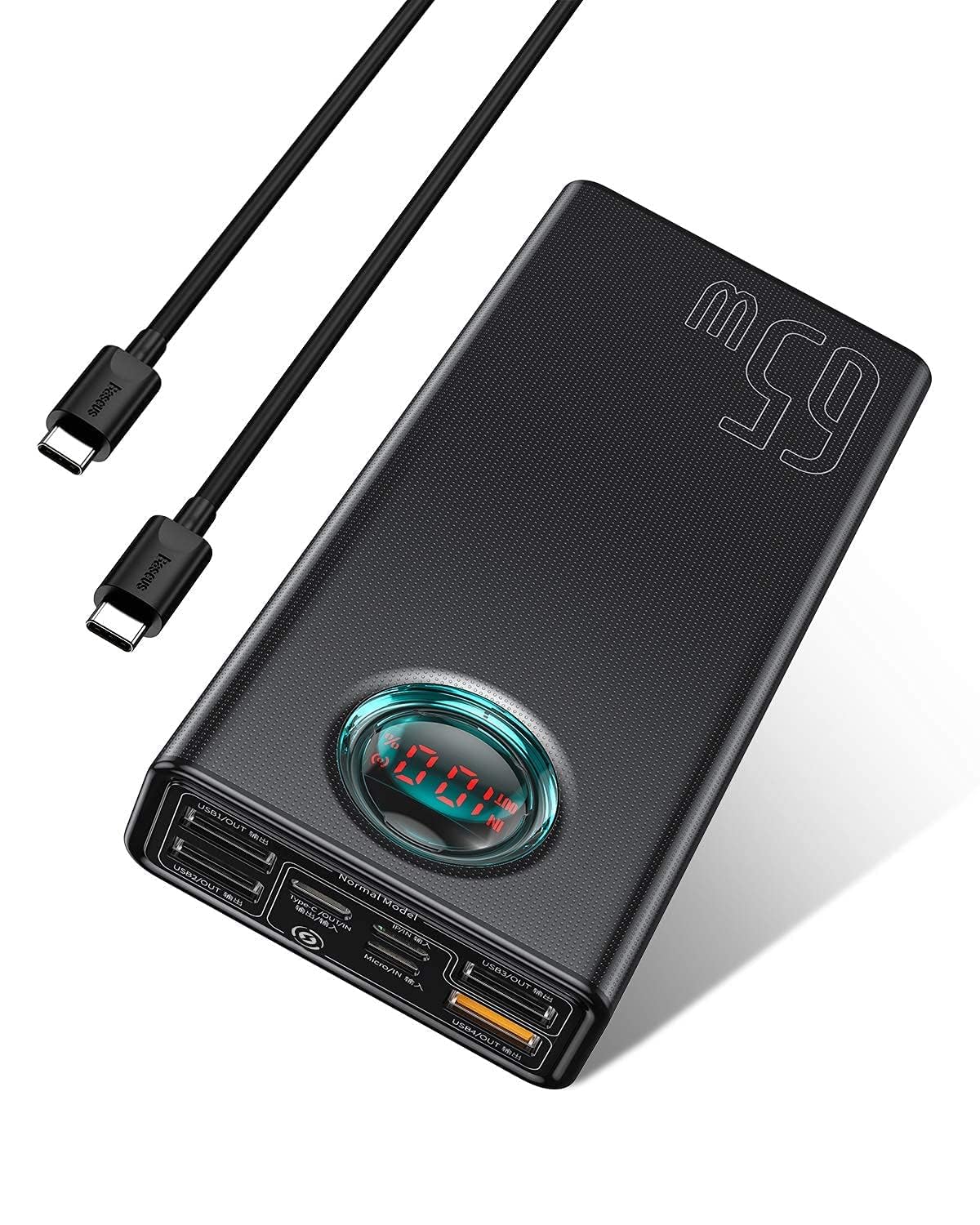 Baseus Portable Charger, 30,000mAh Power Bank 65W Battery Pack, Smart Digital Display, 7-Port for Laptop, MacBook, iPad, iPhone 15/14/13 Series, Steam Deck, ROG Ally, Samsung (Black) Baseus