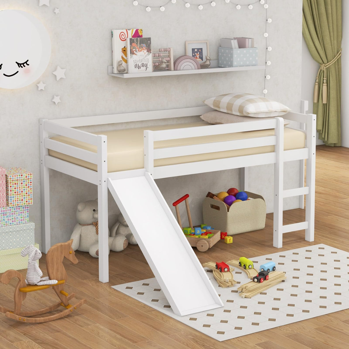 Giantex Twin Loft Bed with Slide, Wood Low Loft Bed for Kids, Toddlers, Climbing Ladder & Storage Space, Twin Kids Bed for Girls Boys, No Box Spring Needed, White Giantex