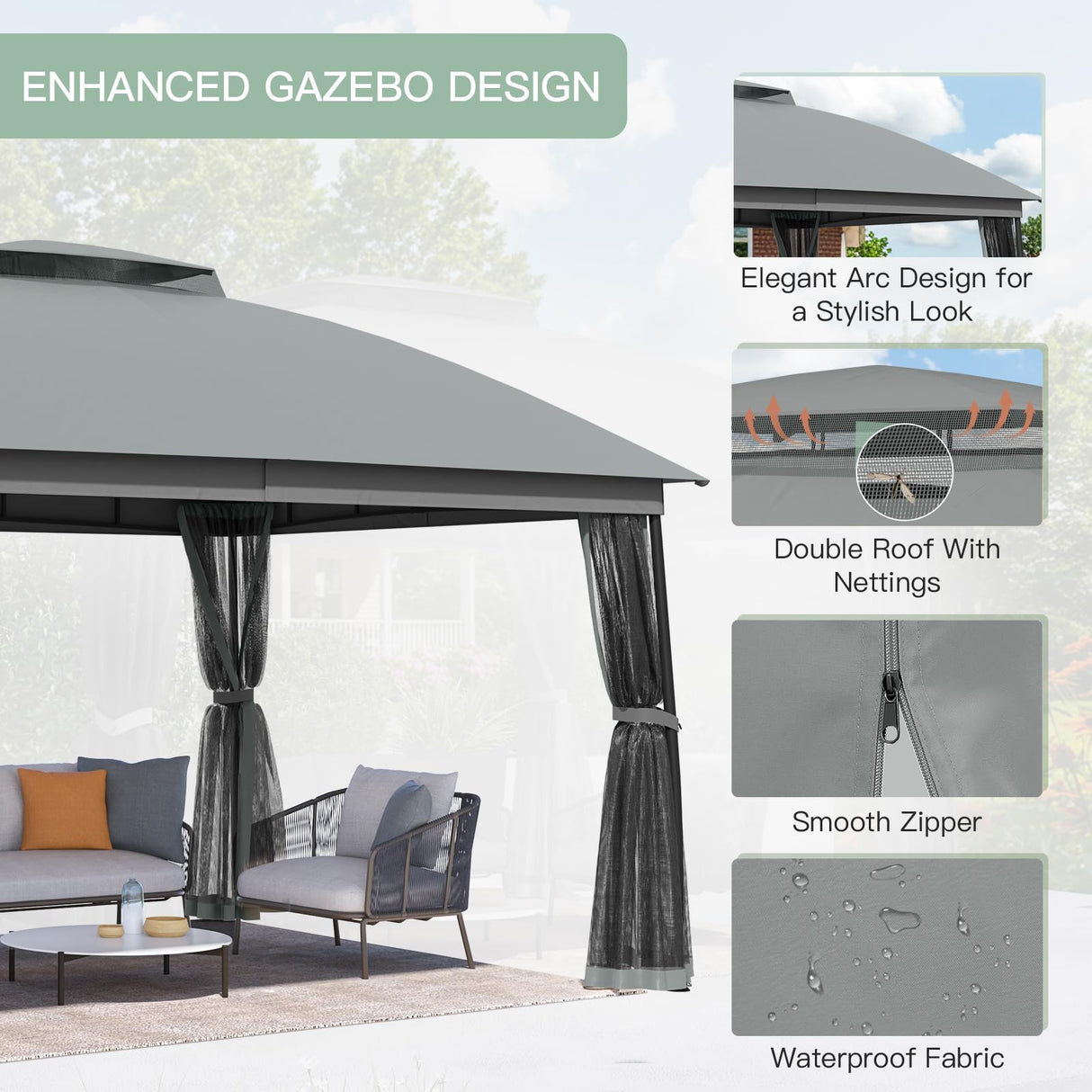 EROMMY 10 x 13 Patio Gazebo, Outdoor Waterproof Gazebo with Mosquito Netting, Sturdy Metal Canopy Gazebos with Double Air Roofs, Outdoor Tent for Backyard/Deck, Gray EROMMY