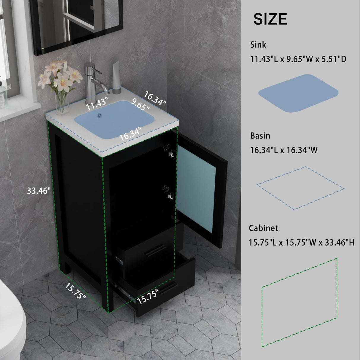 wonline 16" Bathroom Vanity Set, Single Small Bathroom Cabinet with Ceramic Sink, Modern Black Cabinet Vanity with Faucet & Pop Up Drain wonline