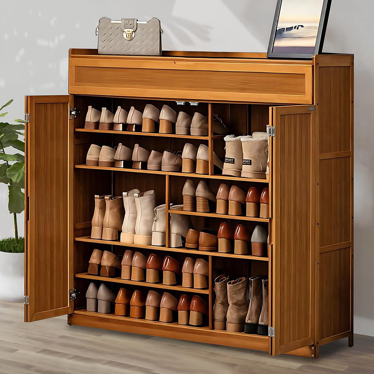 walkclpck Shoe Cabinet with 2 Flip Drawers, 7 Tier Shoe Storage with Adjustable Shelves, Bamboo Freestanding Shoe Rack Shoe Organizer for Entryway, Foyer, Hallway, Bedroom walkclpck