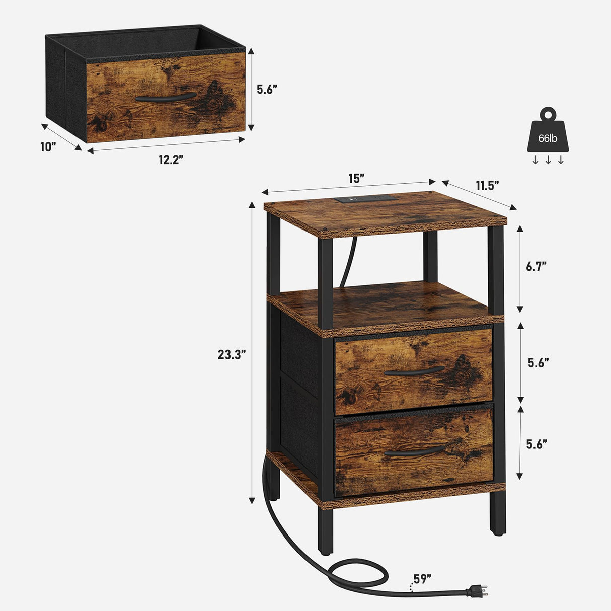 TUTOTAK LED End Table with Charging Station, Nightstand with Cloth Drawer, Side Table with Outlets, Set of 2, Couch Table, Brown TB01BB068 TUTOTAK