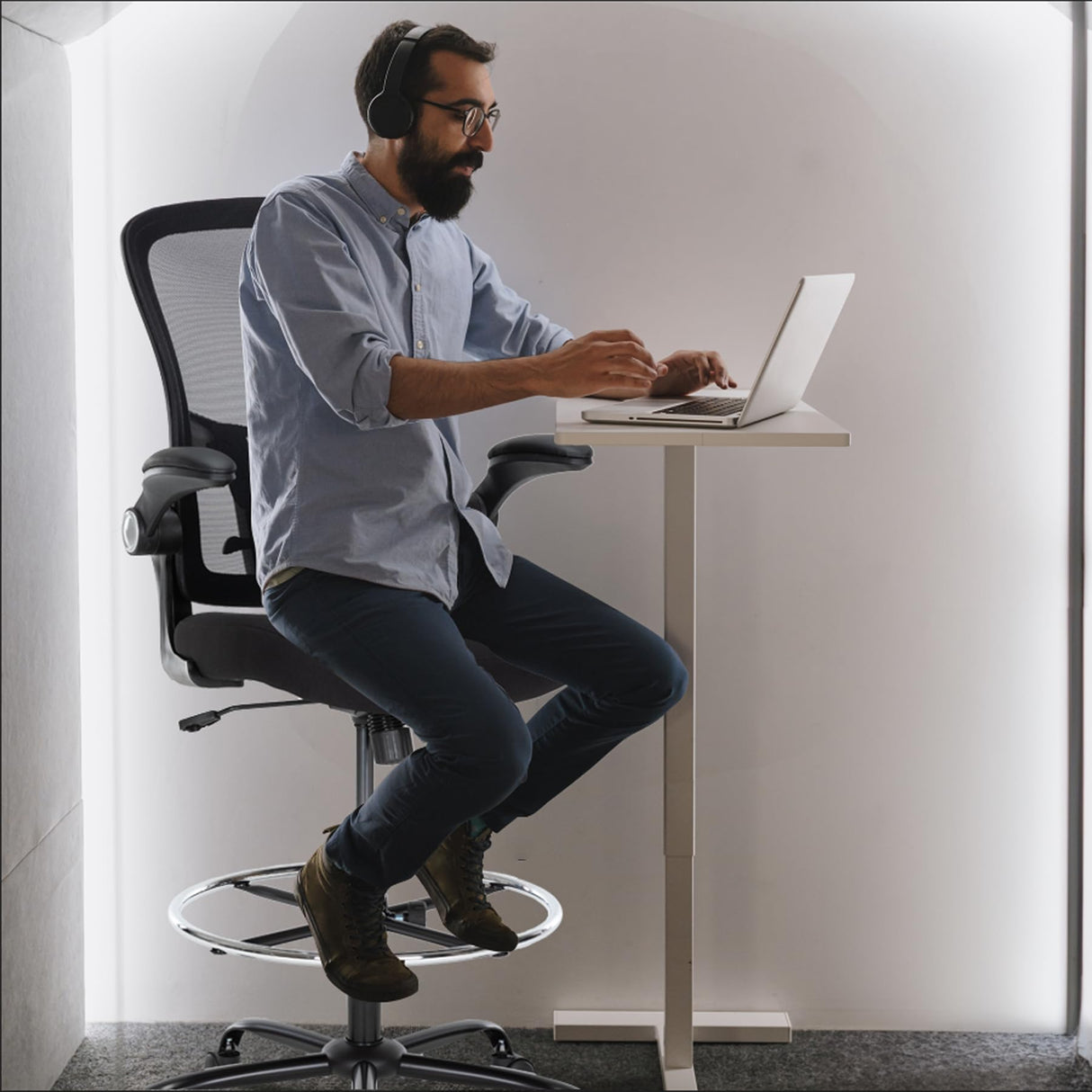 Luckyear Drafting Chair,Ergonomic Tall Office Chairs,Standing Desk Chair with Adjuatable Height,Breathable Mesh High Chair with Foot Rest,Stool Chair with Flip up Arms,Counter Height Chairs,Black Luckyear