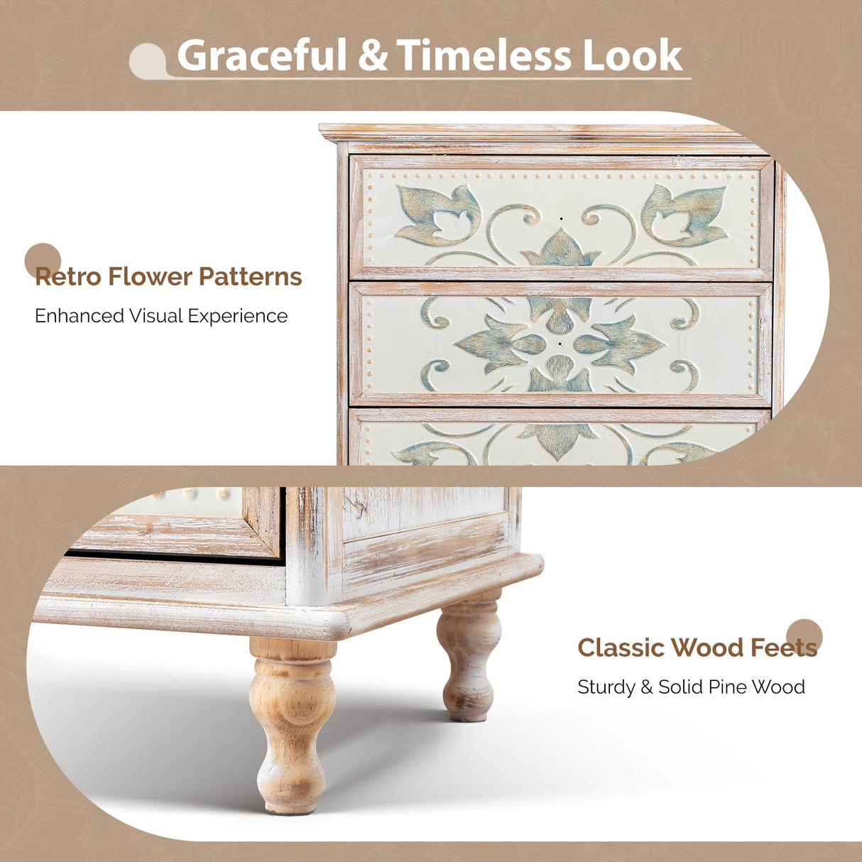 VINGLI Washed White Dresser with Charging Station, 3 Drawer Dresser Boho Wood Chest of Drawers, Wooden Dressers with Drawers and Solid Wood Legs VINGLI