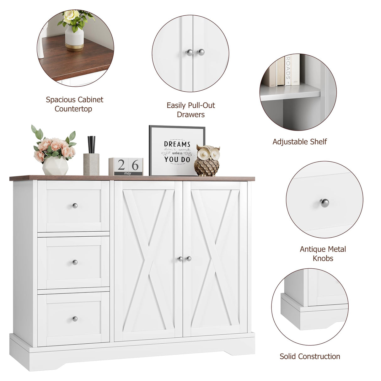 IDEALHOUSE Buffet Cabinet with Storage Drawers and Doors, Farmhouse Coffee Bar Cabinet with Adjustable Shelf for Kitchen, Living Room, White IDEALHOUSE