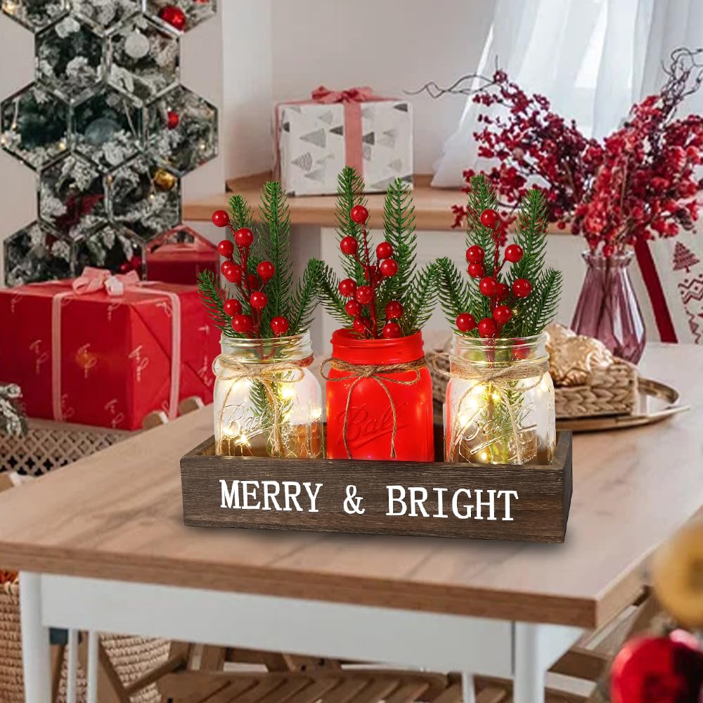 DIYDEC 3PCS Christmas Mason Jars 3*5Inch lighting Painted Xmas Tiered Tray Decorative Jars with Wood Tray &Artificial Flowers Wishing Bottles for Winter Holiday Home Table Centerpiece Decor Gift (Red) DIYDEC