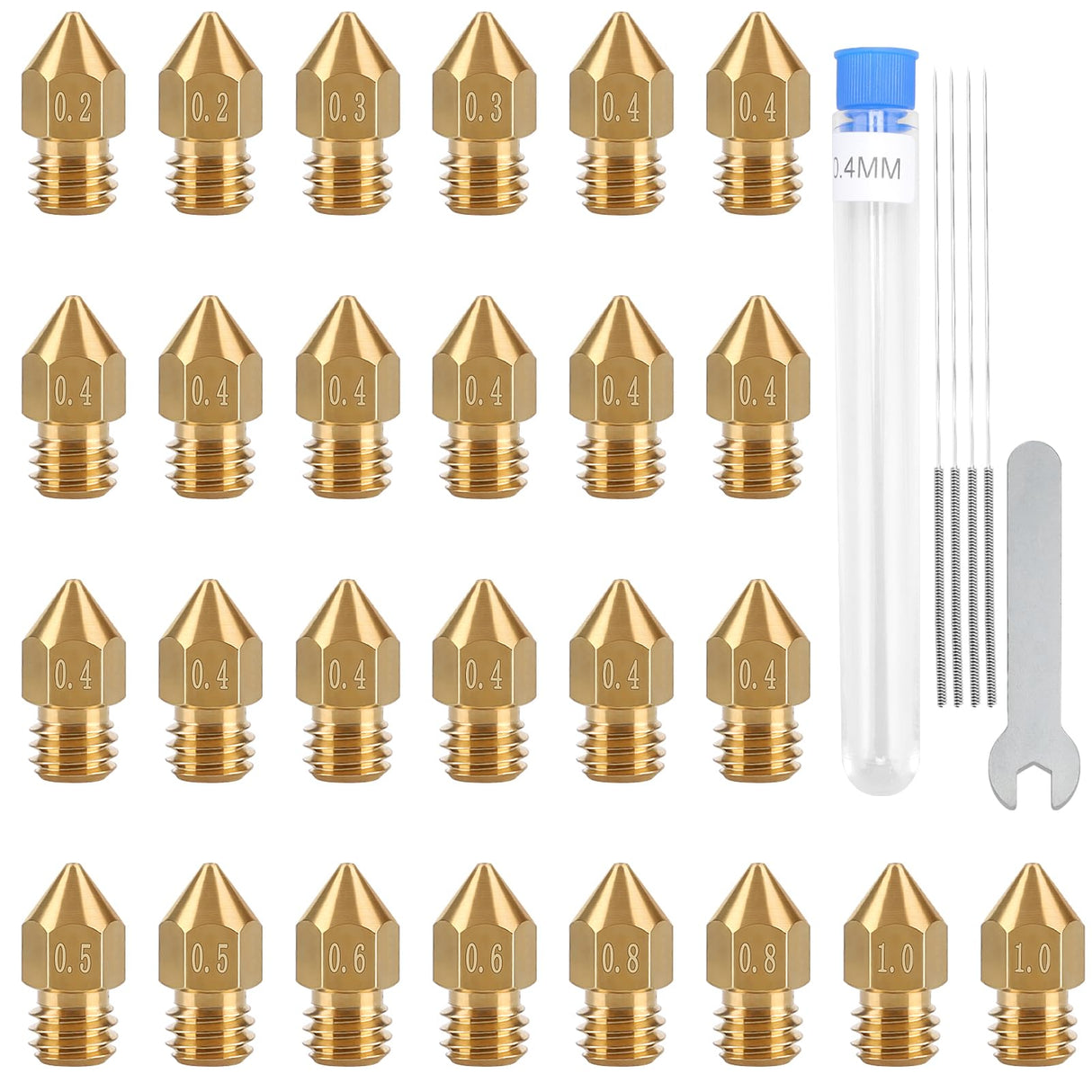 26pcs MK8 Nozzles Multi Size, 3D Printer Brass Hotend Nozzles 0.2mm/0.3mm/0.4mm/0.5mm/0.6mm/0.8mm/1.0mm with DIY Tools Compatible with Neptune 3 Series and More Slother