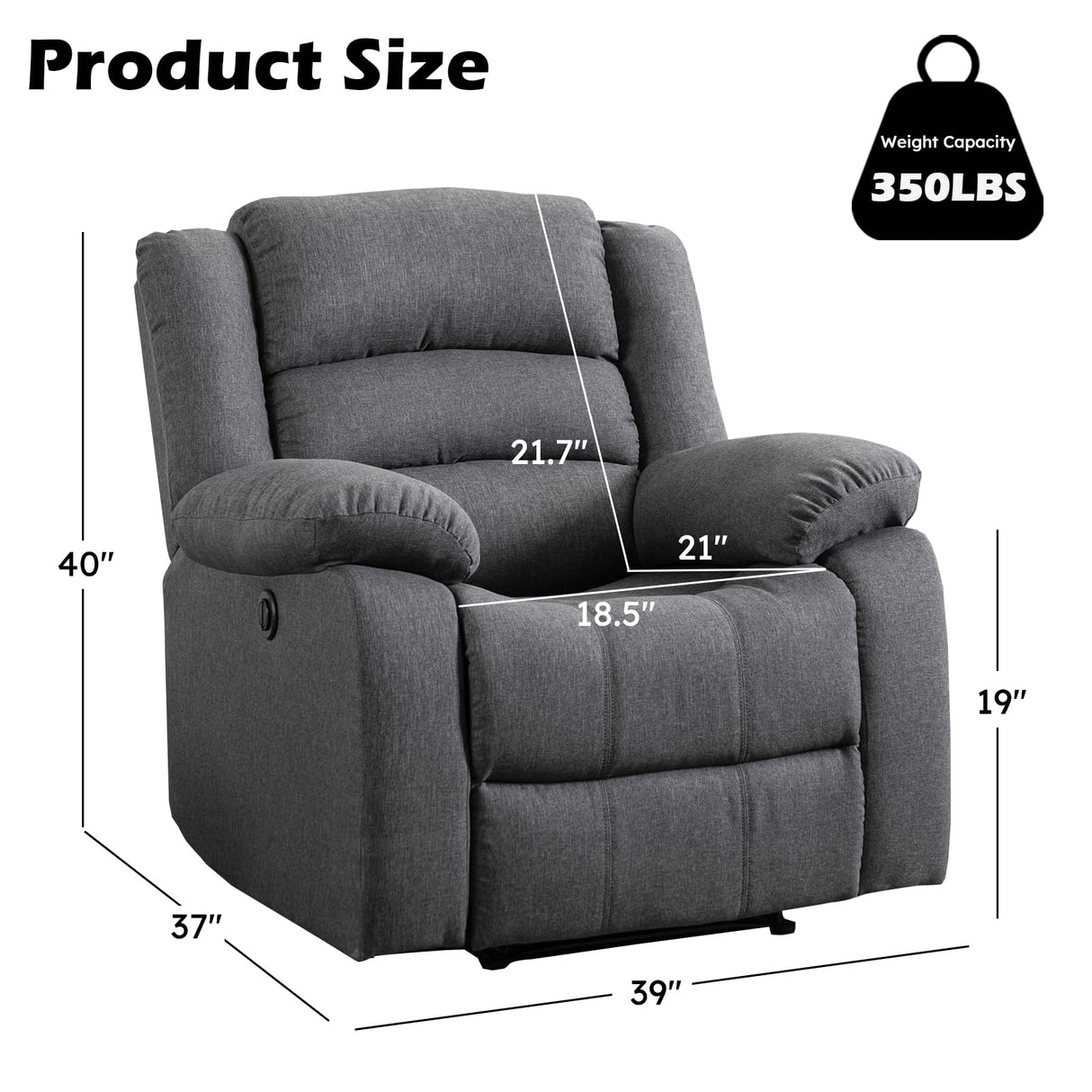 EBELLO Classic Power Recliner Chair, Oversized Electric Reclining Chair with Overstuffed Cushion and Back, Soft Fabric Adults Single Recliner Sofa for Living Room, Set of 2 Grey EBELLO