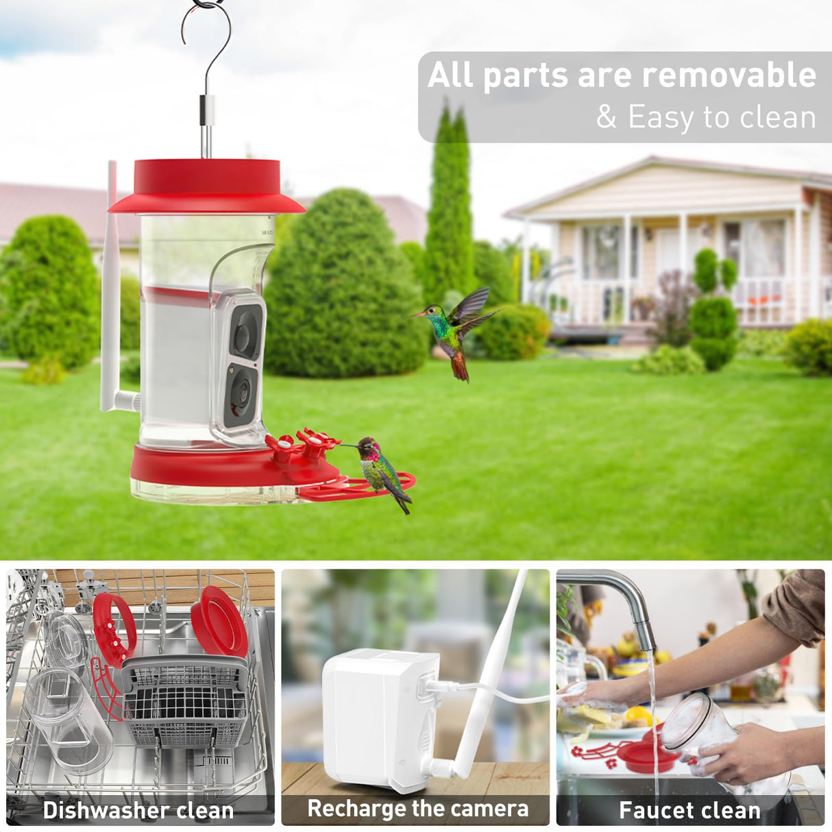 Soliom Humbirdy-Hummingbird Feeder Camera with Ant Moat,Bee Proof,AI Identify Bird Species,Bird Watching Camera with 3 Feeding Ports,Live SOLIOM