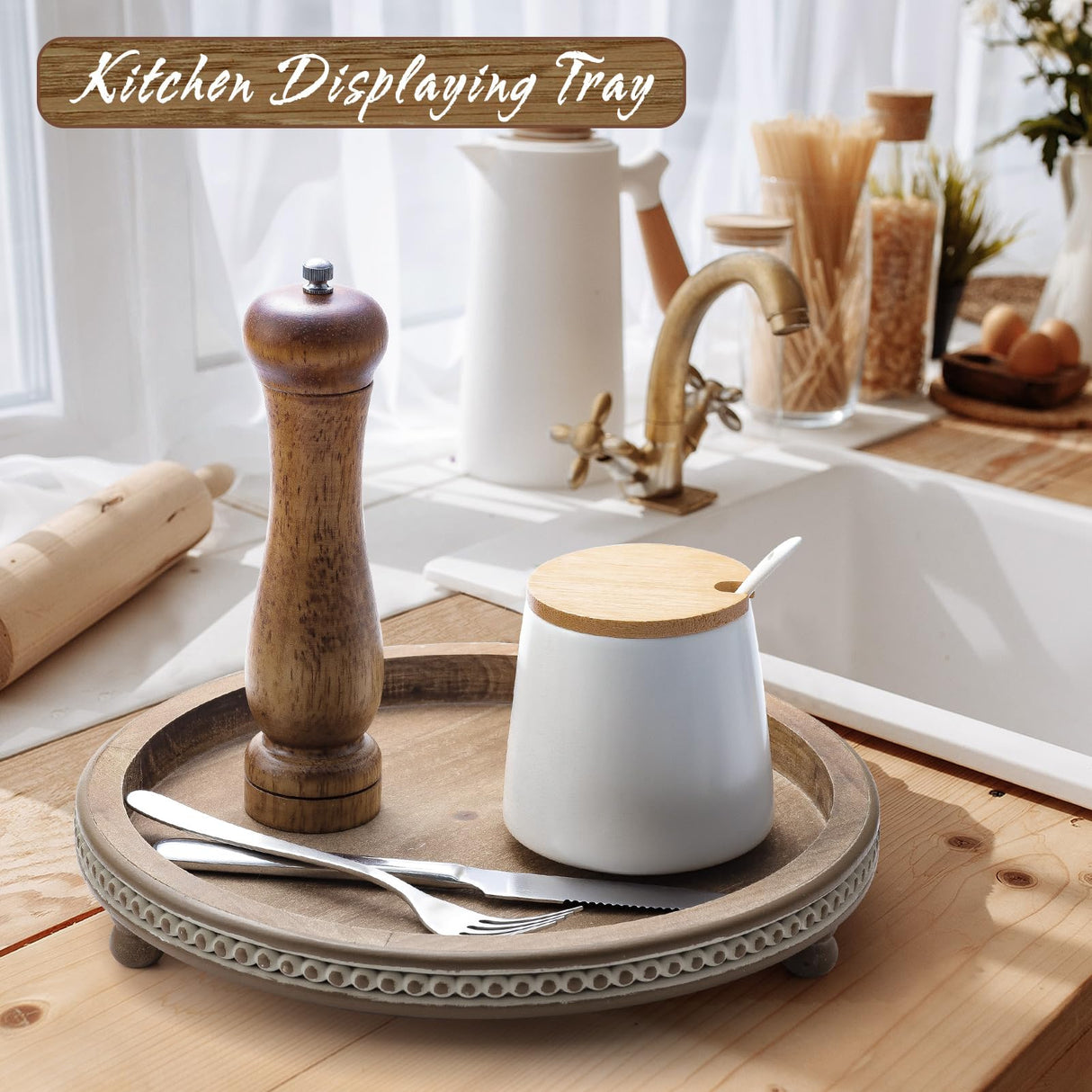 Handmade Wooden Serving Tray, Small Beaded Coffee Table Tray Decor, Warm Brown Round Decorative Tray for Coffee Table, Dining Room Table Entryway and Living Room Table KULEDM