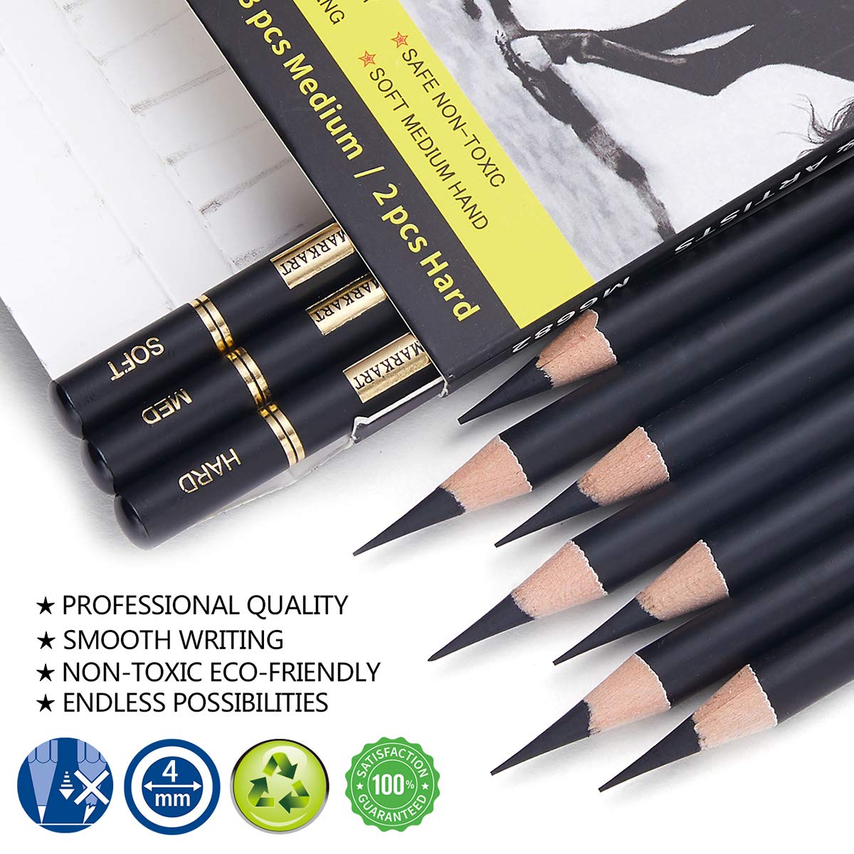 MARKART Professional Charcoal Pencils Drawing Set - 10 Pieces Soft Medium and Hard Charcoal Pencils for Drawing, Sketching, Shading MARKART