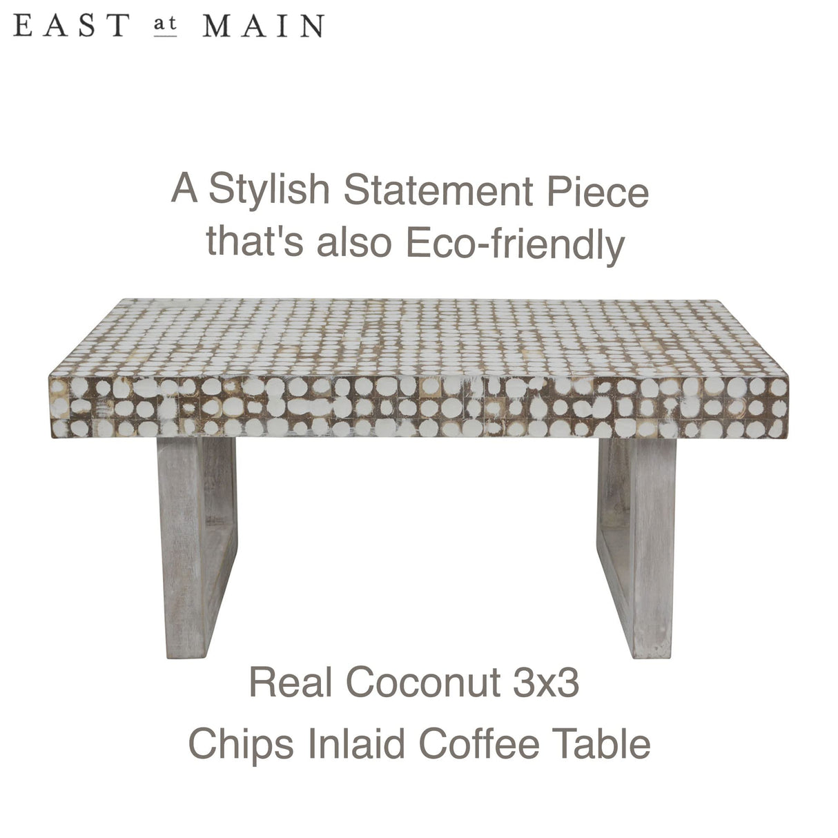 East at Main White Coffee Table – Handmade Accent Table with Coconut Shell Inlay, 40" Rectangular Wood Table for Living Room, Coastal Farmhouse or Boho Decor East at Main