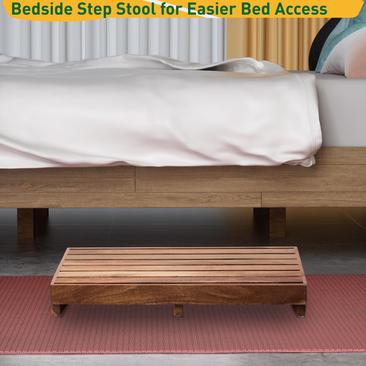 Wooden Step Platform 3.8" Height, Outdoor Steps with Non-Skip Pads for Seniors, Acacia Wood Step Stools for Adults, Stool for Bed, Bathroom, Kitchen, Garden, Stair Assist (No Assembly Required) Buruis