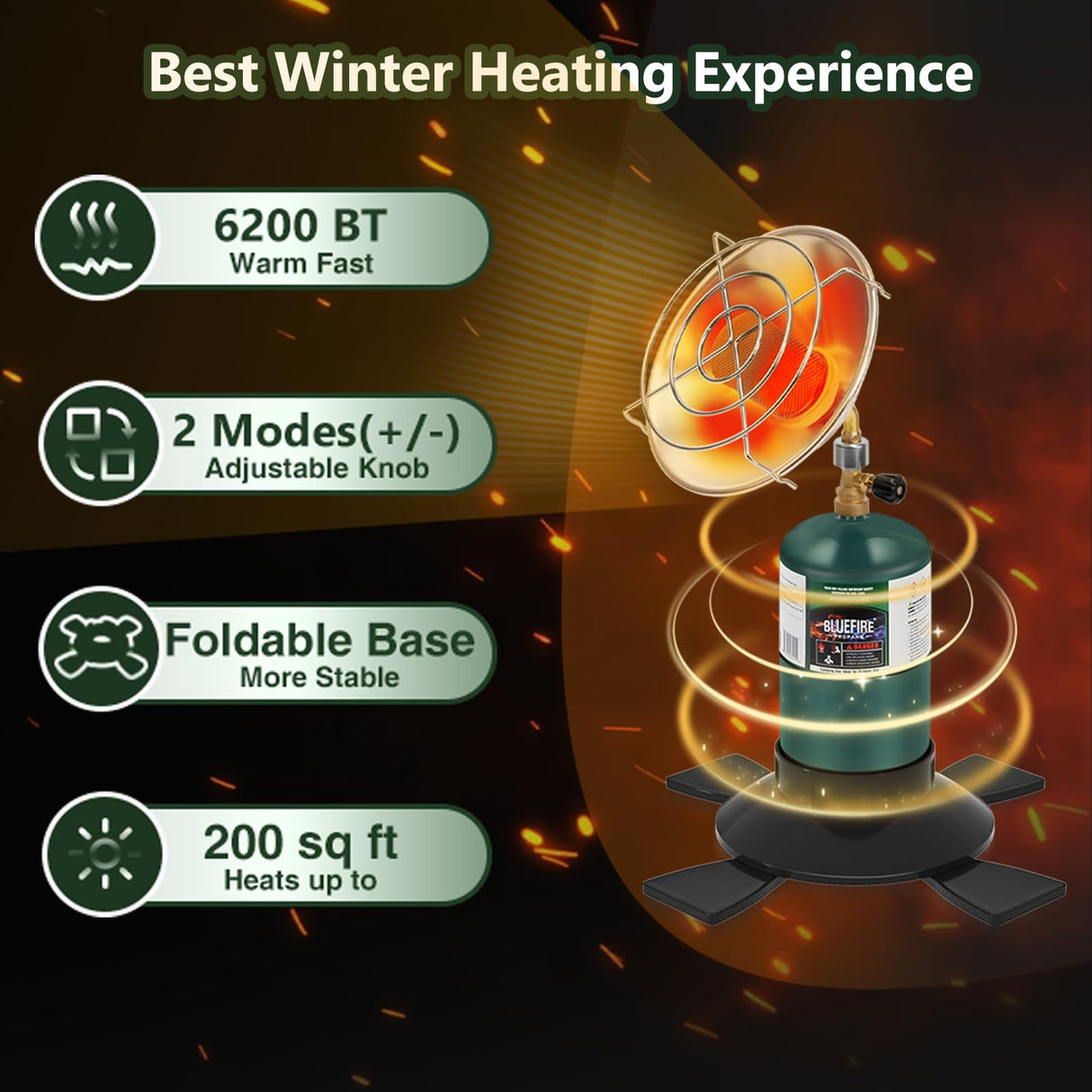 Portable Heater for Camping Outdoor Space Propane Heater 6200BTU Power with Control Valve Patio Heater Cordless 1lb Small Propane Gas Tank Holder Tent Garage Fishing stove buddy Hotdevil