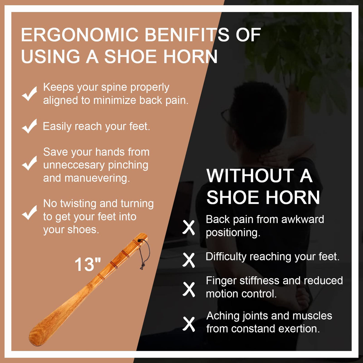 Premium Wooden Shoe Horn, 2 PCS Shoehorns Durable, 13" Long Handle Shoe horns, Lazy Shoe Helper Spoons for Seniors, Kids, Pregnancy, Men, Women WLMALL