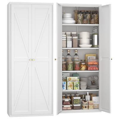 GREATMEET 71" Kitchen Pantry Storage Cabinet, Tall Storage Cabinet, Metal Food Pantry Cabinet with Doors and Shelves, Pantry Storage Cabinets, Cupboard for Garage Kitchen Laundry Room, White