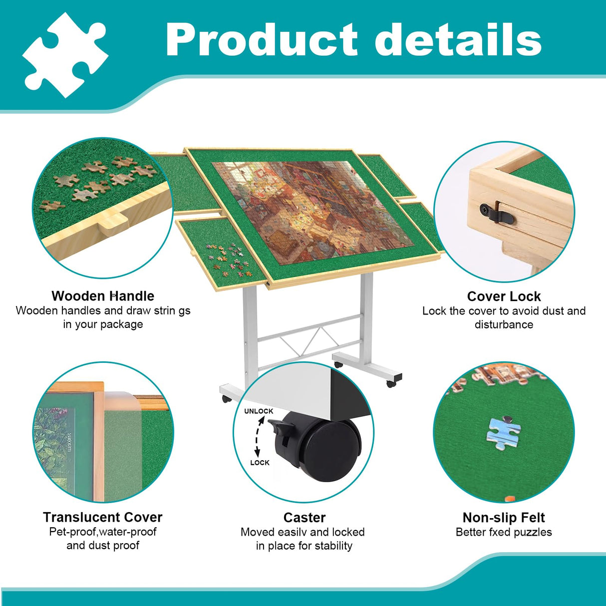 RAGOZONERY Jigsaw Puzzle Table 1500 Pieces,Adjustable Height&Up Puzzle Board with Cover and 4 Drawers,34×26in Puzzle Tables for Adults,Puzzle Board with Cover with Legs for Puzzle Doer RAGOZONERY