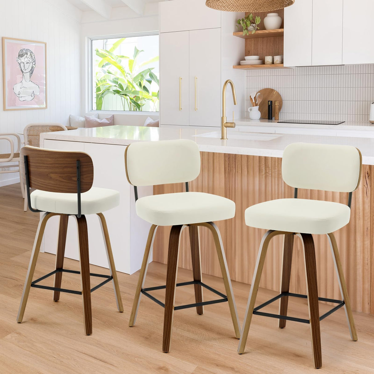 Bekrvio Mid Century Modern Swivel Bar Stools Set of 3 - 26" Upholstered Faux Leather with Ergonomic Backrest, Cream White Bekrvio