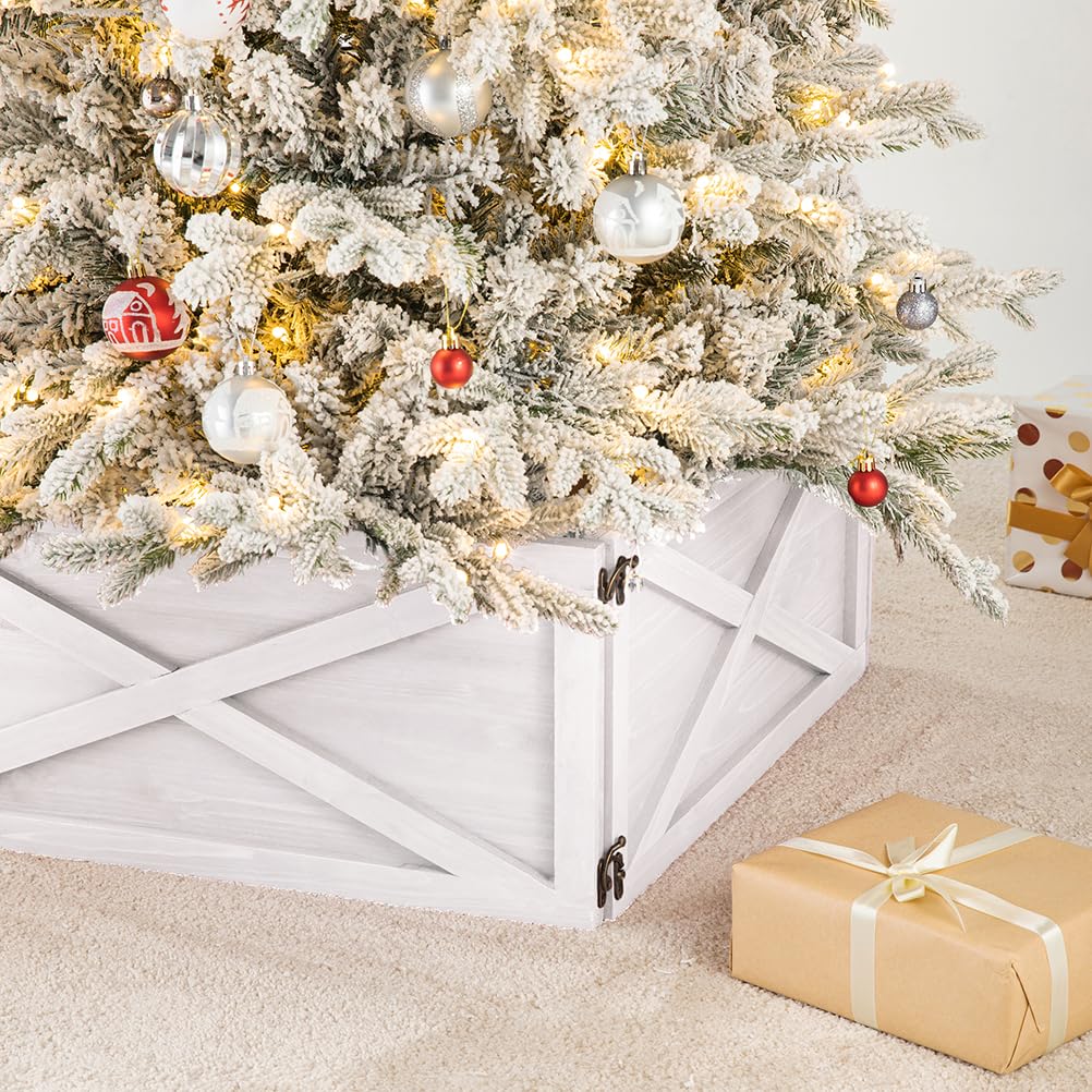 Glitzhome Washed White Wooden Tree Collar Tree Stand Cover Christmas Tree Skirt Tree Box, 22" L Glitzhome