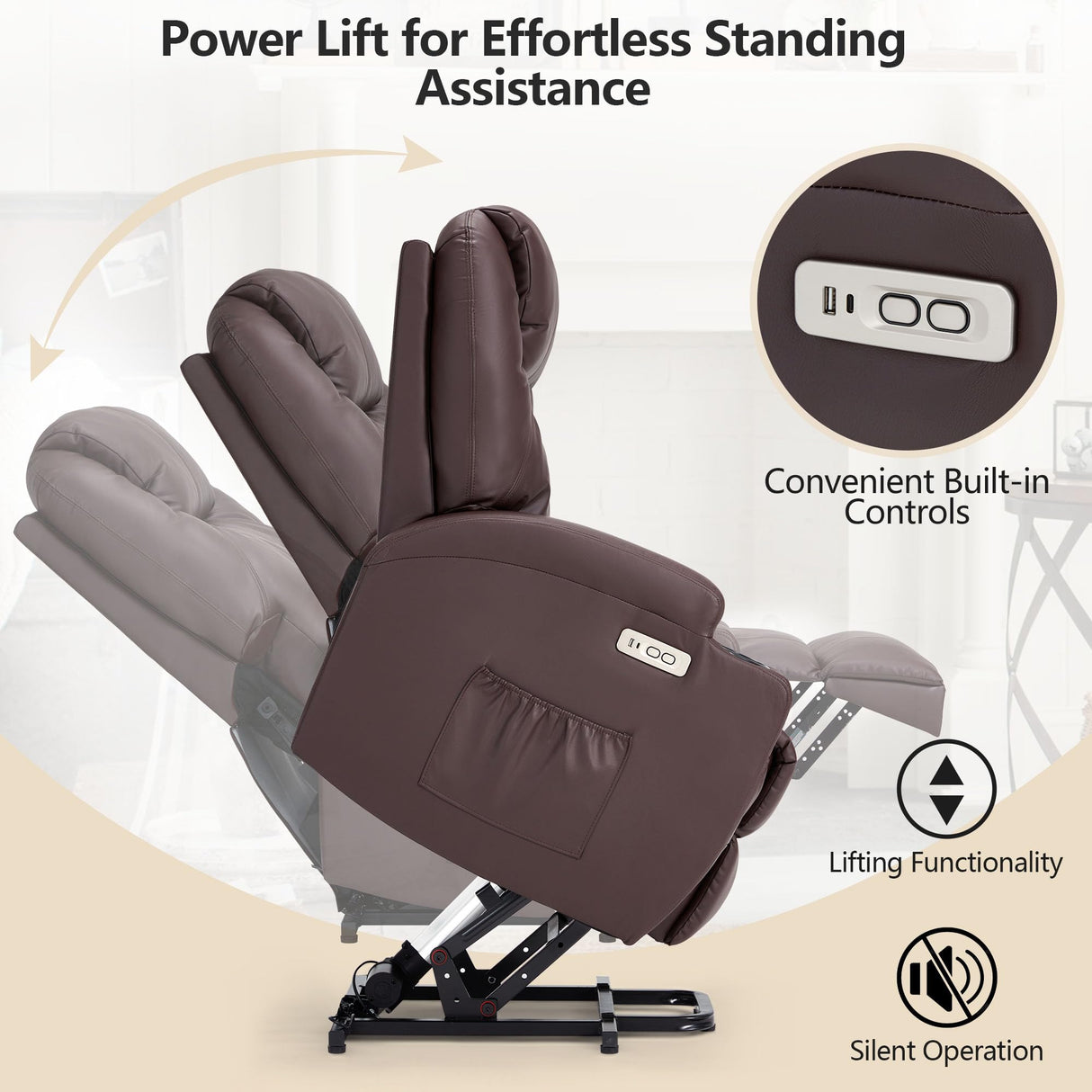 Esright Power Lift Recliner Chair for Elderly, Electric Lift Chair Sofa with Side Pockets, USB & Type-C Ports, Cup Holders, Brown, PU Leather Esright