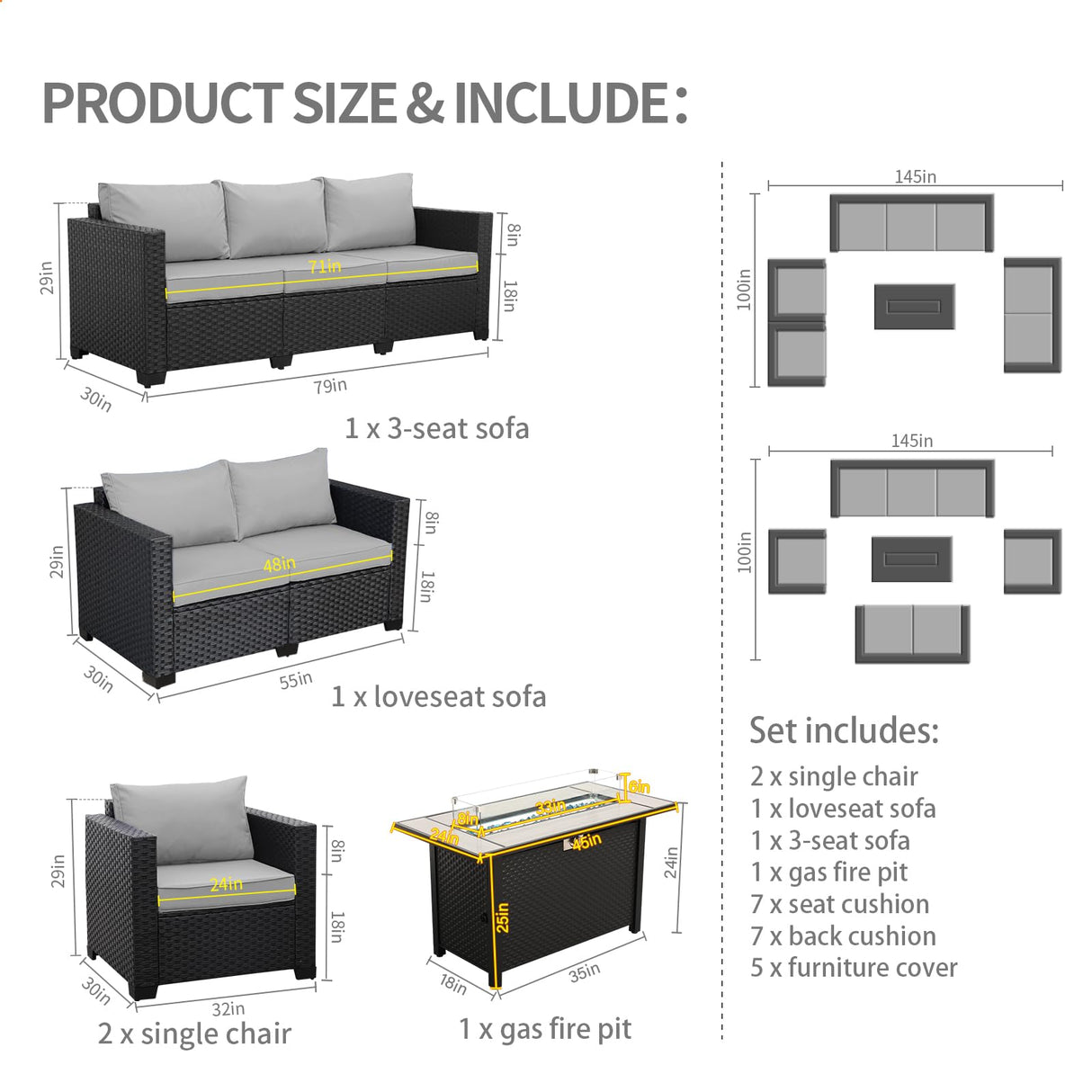 Rattaner 5 Pcs Outdoor Furniture Sets Patio Furniture Set with 45" Fire Pit Patio Couch Outdoor Chairs 60000 BTU Steel Propane Fire Pit Table No-Slip Cushions and Waterproof Covers, Light Grey Rattaner