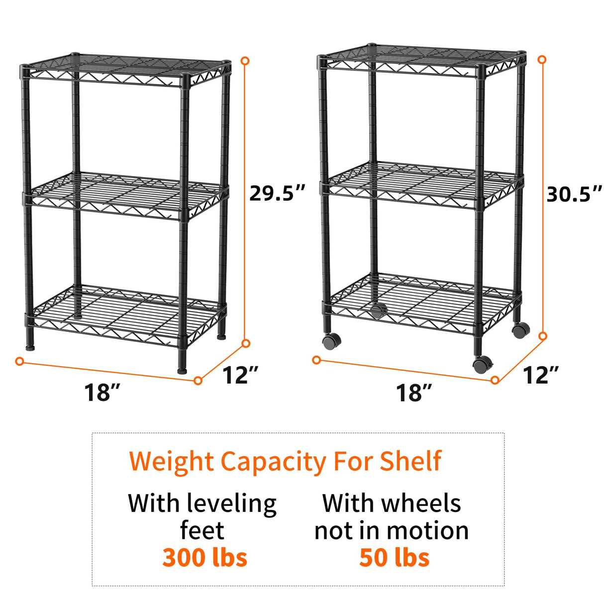 SINGAYE 3 Small Shelves Storage Shelf Wire Shelving Unit Metal Shelf Adjustable Organizers Storage Shelving with Wheels for Bathroom Laundry Room Kitchen Pantry12”D x 18”W x 30.5”H Black SINGAYE