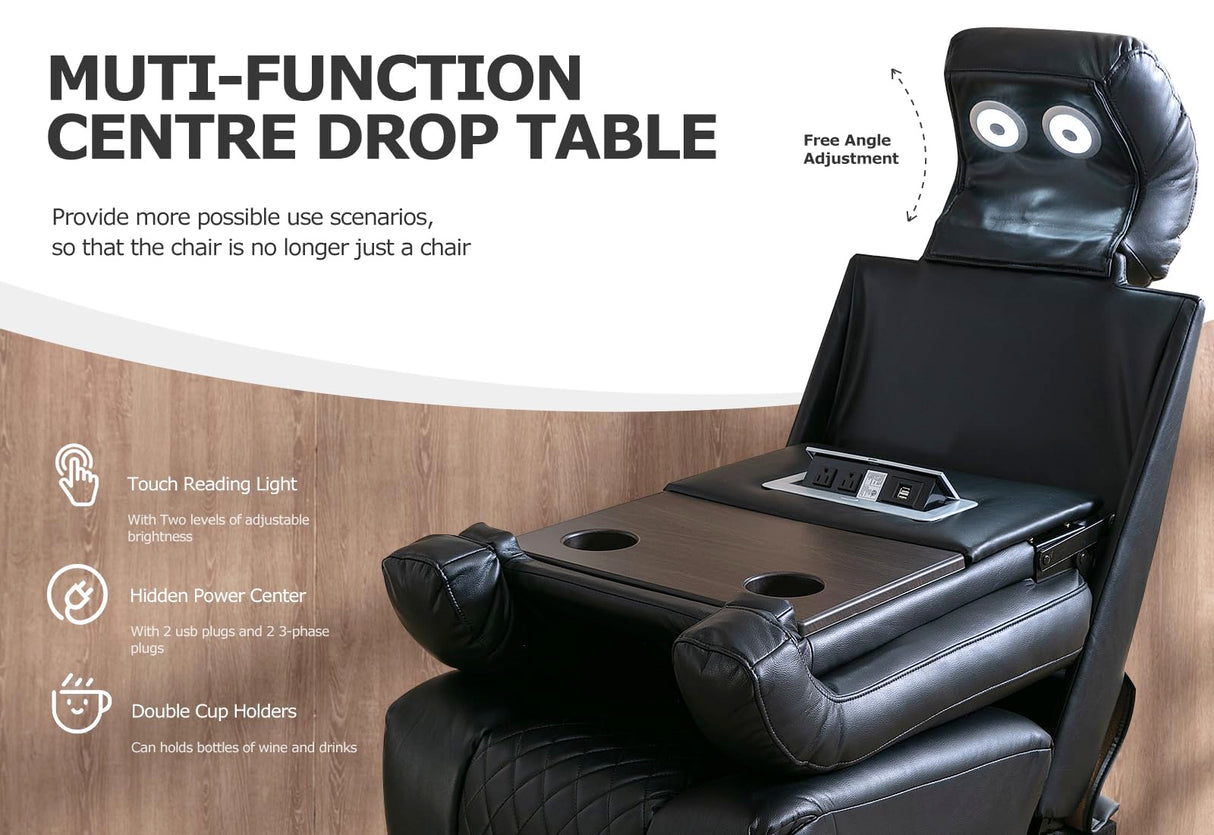 Sofa Recliner Home Theater Seating Seats, Movie Theater Chairs Theater Recliner with 7 Colors Ambient Lighting, Touch Reading Lights, Lumbar Pillow, Tray Table, Center Drop Down Console, Black Akeysous