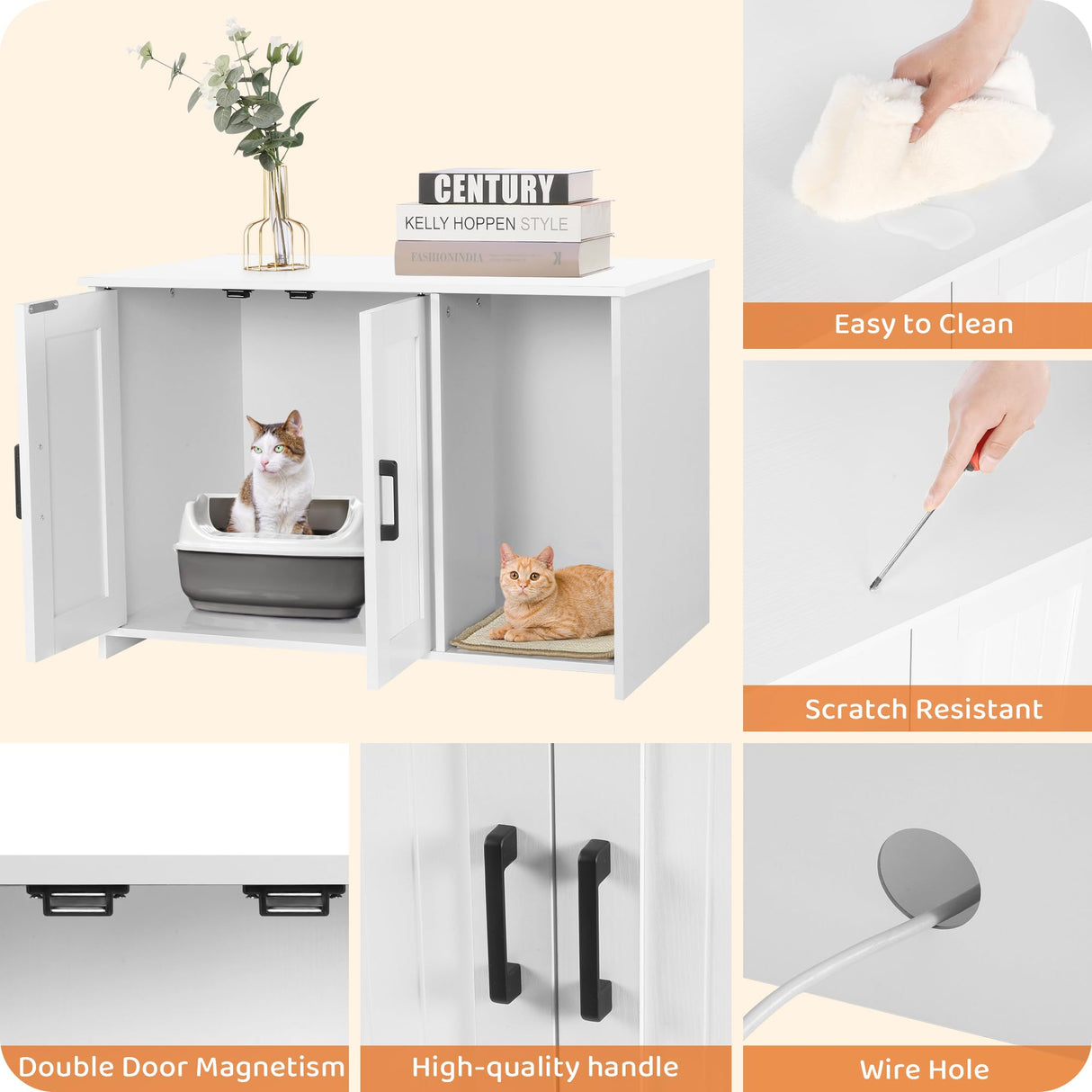 Dwanton Litter Box Enclosure, Cat Litter Box Furniture Hidden, with Scratching Mat, Wooden Cat Washroom Indoor, Fit Most of Litter Box, 31.5" L x 19.7" W x 21.7" H, White Dwanton