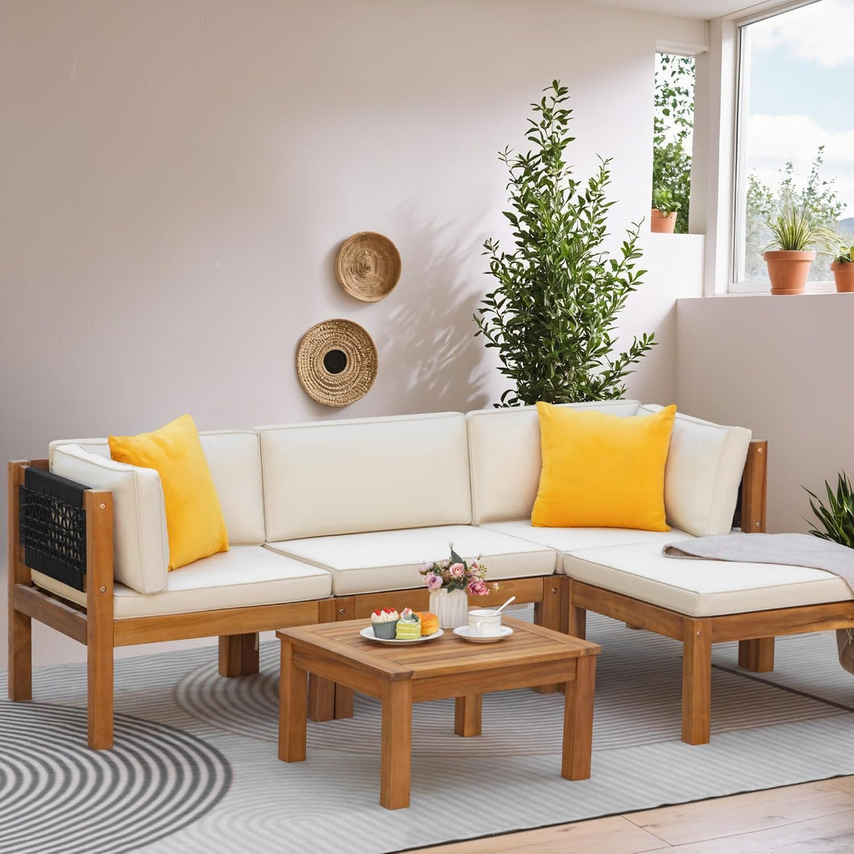 Greesum 5 Pieces Small Patio Sofa, Acacia Wood Outdoor Conversation Sets with Tea Table for Garden Porch and Backyard, Beige Greesum