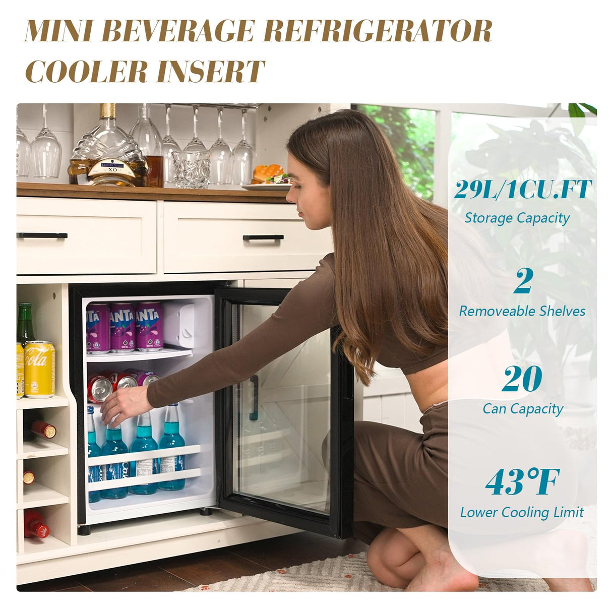 LUXOAK Farmhouse Coffee Bar Cabinet with Beverage Refrigerator Cooler, 47" Rustic Wine Bar Cabinet w/15 Mini Fridge, Barn Door & Glass Racks, Kitchen Hutch Buffet Table w/Drawer, Dining Room, White LUXOAK