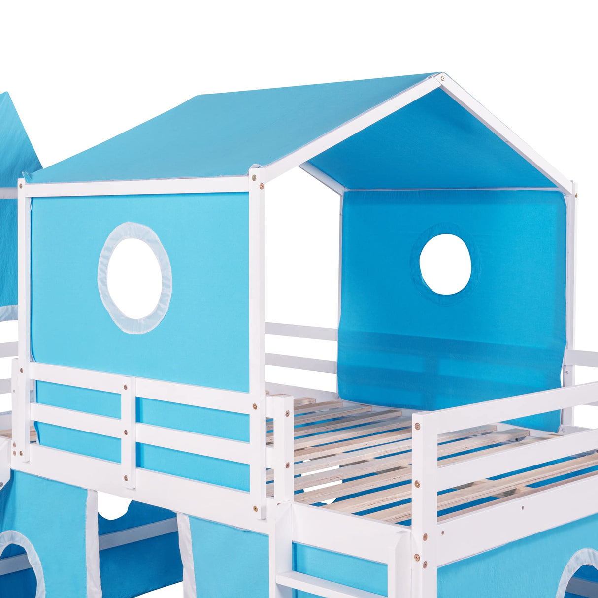Harper & Bright Designs Blue Full Size Loft Bed with Slide, Curtains, and Tower - Solid Wood Low Loft Frame for Kids Harper & Bright Designs