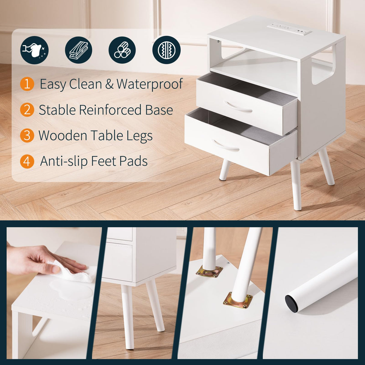 Yoobure LED Night Stand with Charger Station, Mid Century Modern Nightstand with Fabric Drawers, Bedside Table Nightstands with Storage Shelf, Bed Side Table Small Night Stands for Bedroom Living Room Yoobure