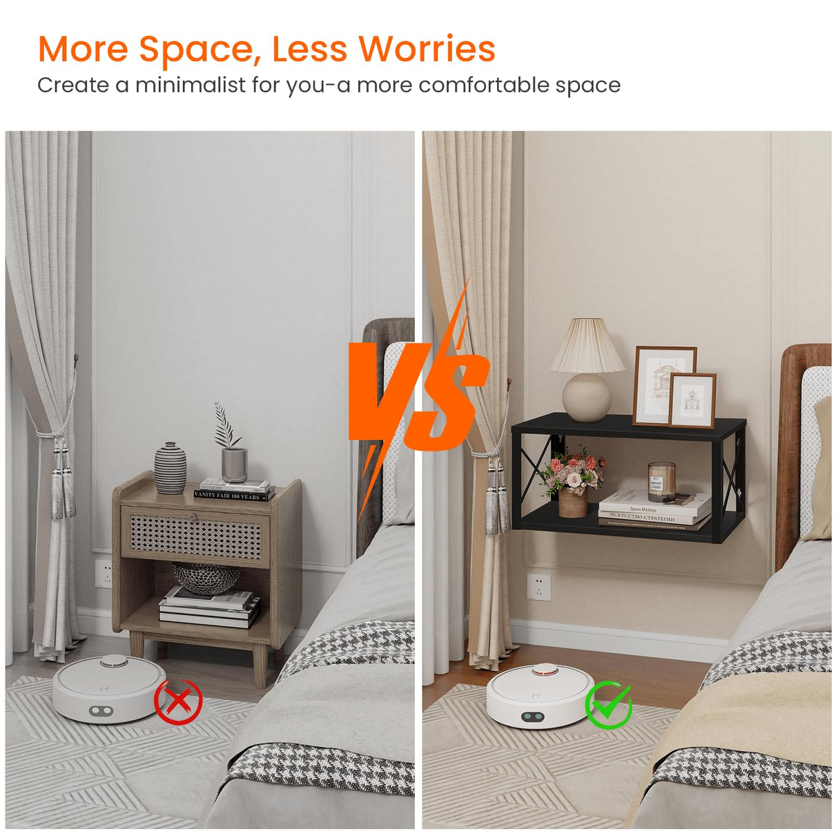 Homode Floating Nightstand, 2 Tier Wall Mounted Nightstand with Cable Hole, Wooden Floating Bedside Table, Bedside Wall Shelf for Bedroom Bathroom Living Room Kitchen Office, Black Homode