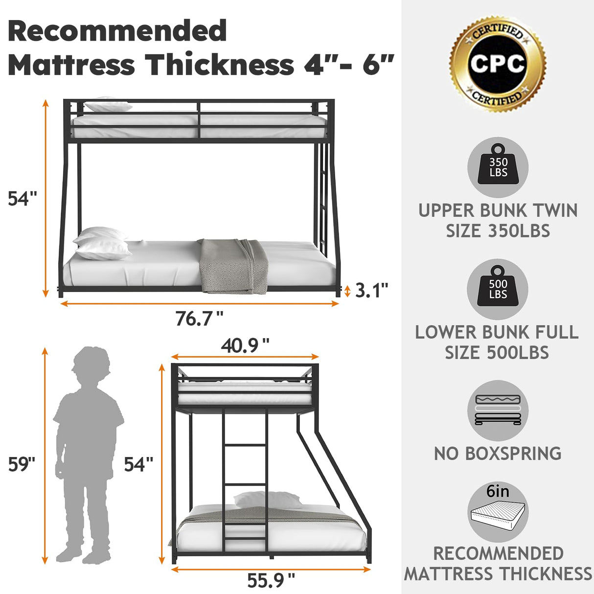 Zevemomo Twin Over Full Size Bunk Bed, Metal Low Profile Bunkbeds with Full-Length Guardrail and Ladder, Space Saving, No Boxing Spring Needed, Black Zevemomo