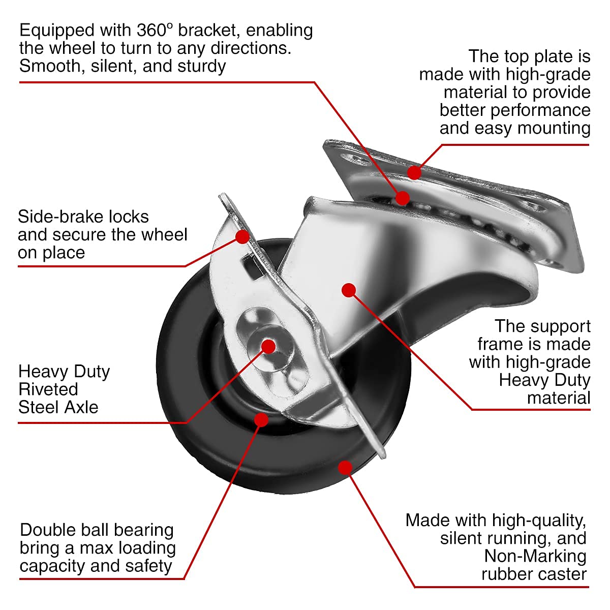 FactorDuty 8 Pack 2" Swivel Caster with Brake Wheels Hard Rubber Base w/Top Plate & Bearing (2" Combo-8 pcs) FactorDuty