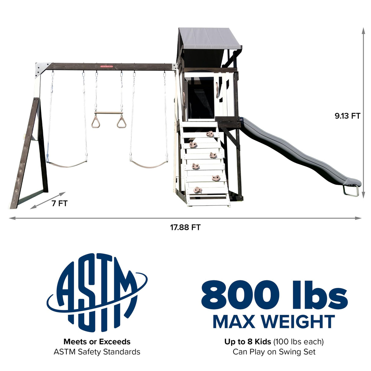 Sportspower Roswell Wooden Swing Set: Play Fort, Bench with Table, Sandbox, Trapeze, and 8' Slide - Black, Green and White Sportspower