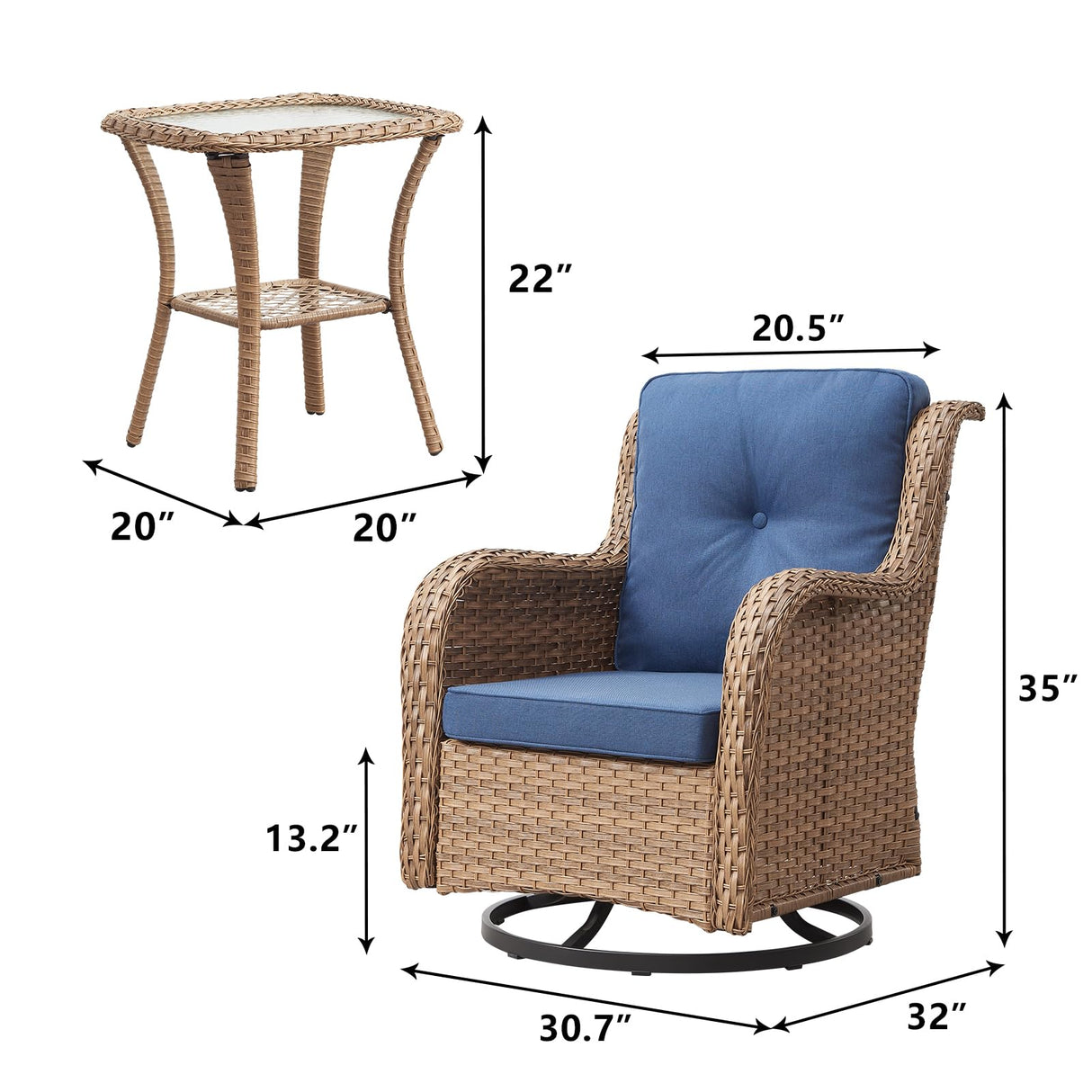 Rilyson Patio Chairs Rocking Swivel Chiar - 3 Piece Outdoor Wicker Patio Bistro Set Rattan Rocker Glider Chairs with High Back and Deep Seating for Outside Porch Deck Garden(Yellow/Blue) Rilyson