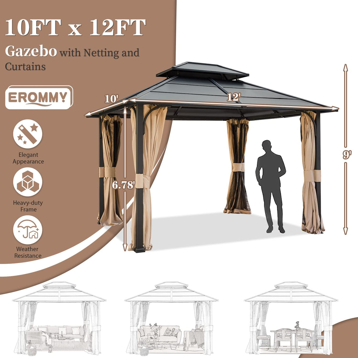 EROMMY 10' x 12' Metal Steel Gazebo, Outdoor Aluminum Hardtop Canopy with Netting and Shaded Curtains, Double Roof Pergolas, Permanent Metal Pavilion for Patio, Backyard, Deck, Lawn, Poolside EROMMY