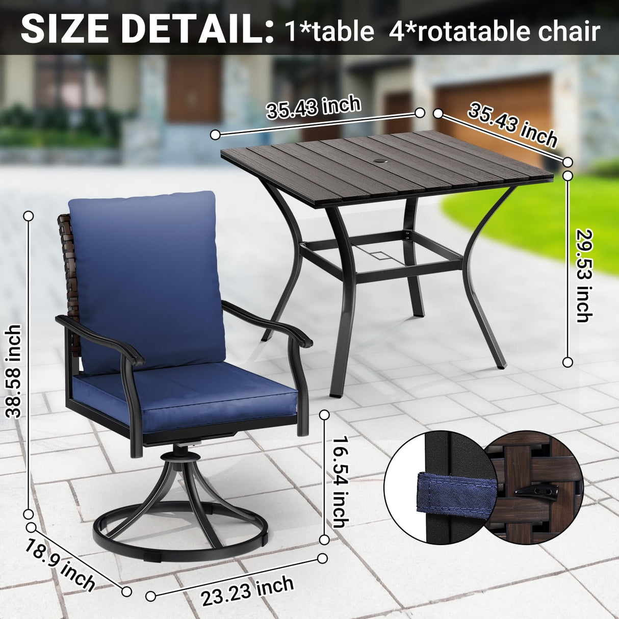 LEVELEVE 5 Piece Outdoor Patio Dining Set with 4 Swivel Dining Chairs & 1 Large Square Dining Table,Bistro Furniture Set for Lawn, Garden, Deck, Backyard and Porch LEVELEVE