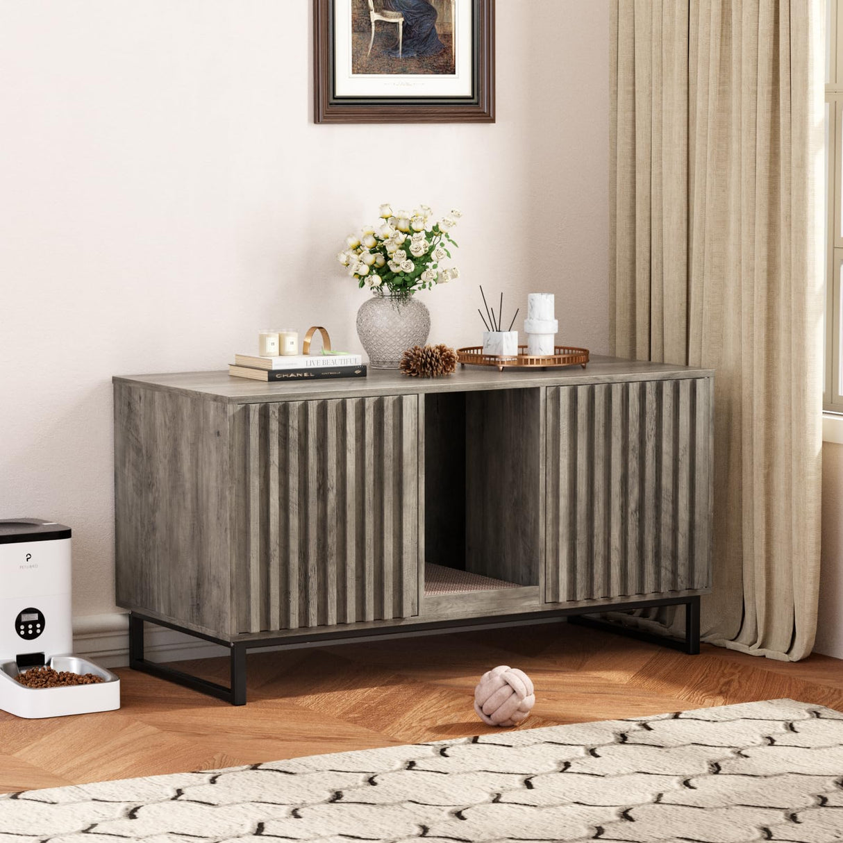 Double Litter Box Enclosure,Modern Cat Litter Box Enclosure for 2 Cats, Hidden Litter Box with Scratch Pad, Cat Washroom Pet House End Table, Entryway Bench for Livingroom (Gray) Halitaa