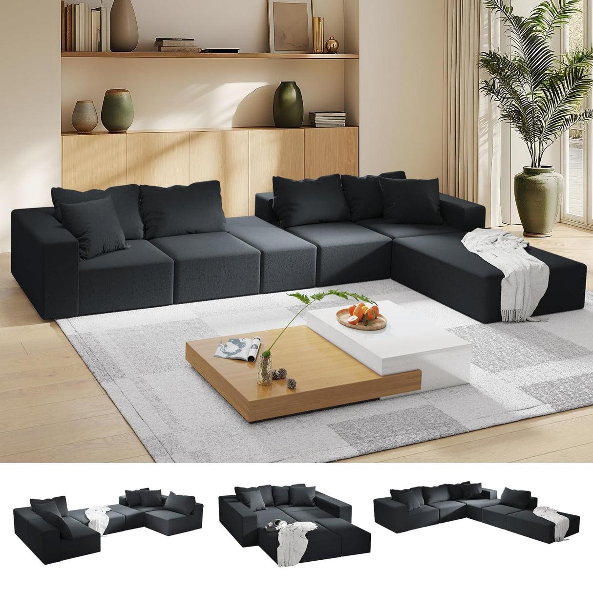 MJQFVM 132'' Oversized Cloud Couch, Upholstered Modular Sectional Sofa with 6 Pillows, Deep Seat Chenille Couches for Living Room, Free Combination, No Assembly Required (Black) MJQFVM