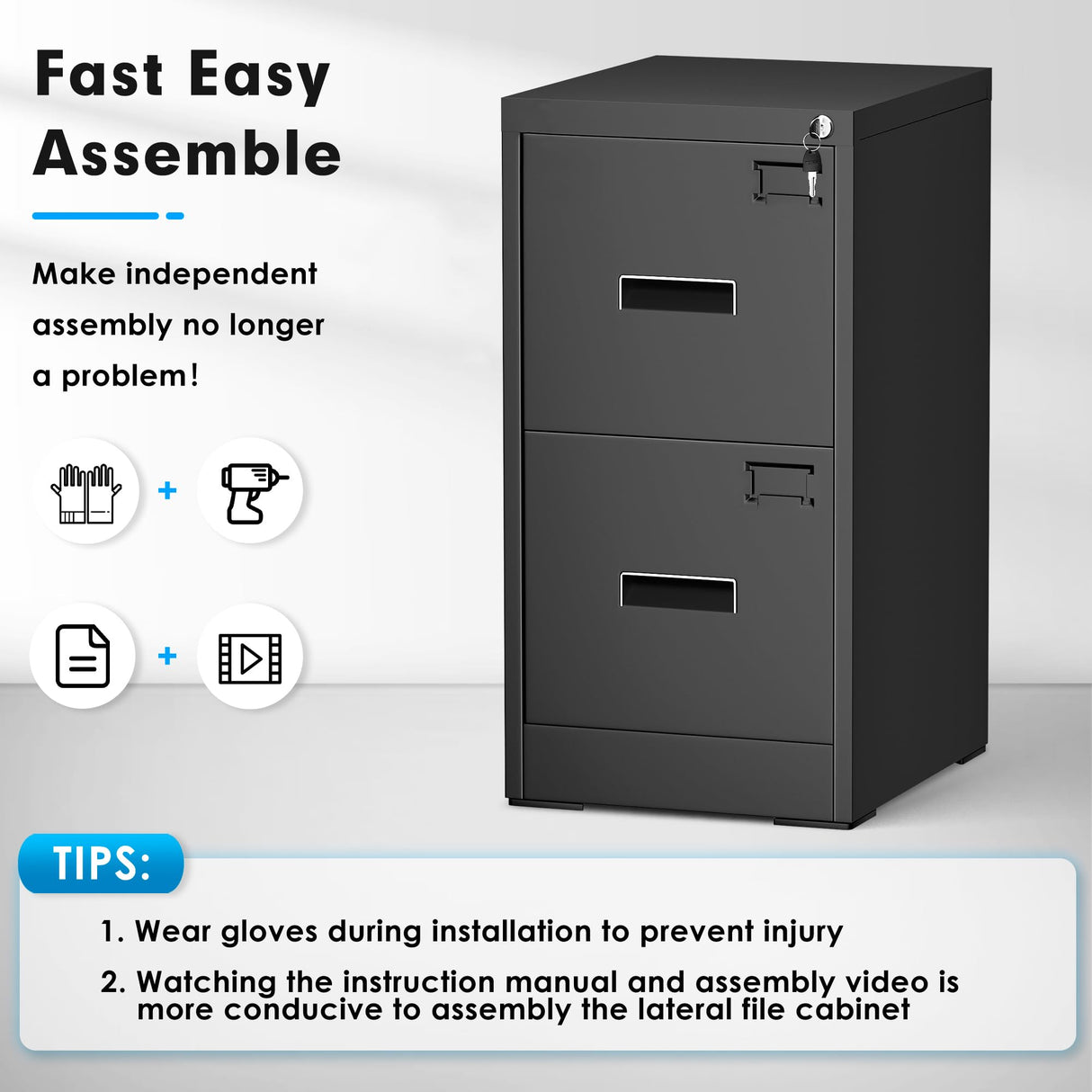 Greenvelly Black Filing Cabinet 2 Drawer, 18” D Vertical File Cabinet with Lock, Locking File Cabinet for Home Office, Metal File Cabinet for Hanging Letter/Legal Folders, Easy Assemble Greenvelly